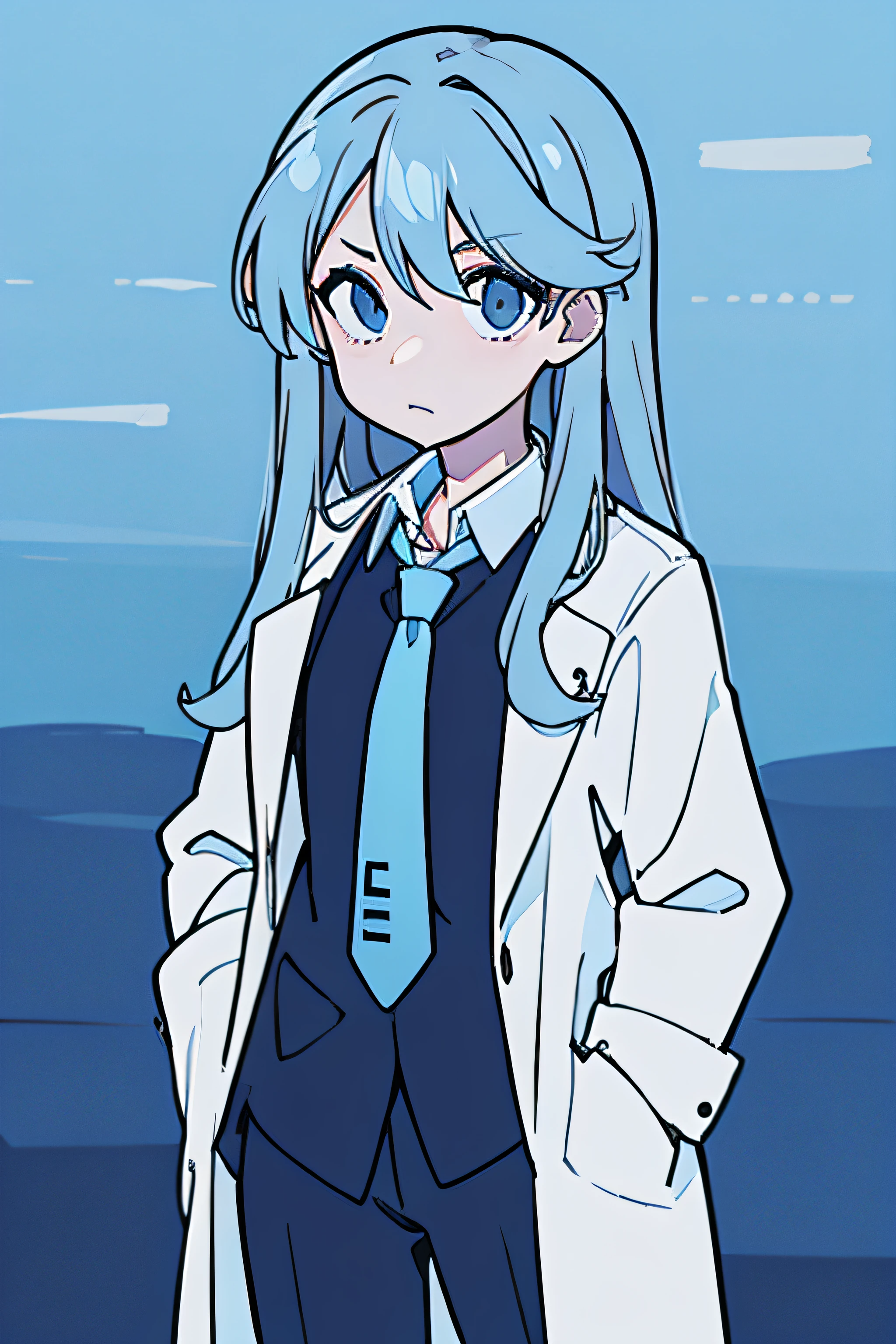 headshot photo、Face straight ahead、Standing Picture、simple background、Put your hands in your pockets、One Girl、sleepy、despairing、Hair color is#FAEBD7、Hakase(daily)、length hair、(hair wavy)、wearing lab coat、Wearing a light blue tie、Wearing a white shirt under a lab coat、10 generations、dead eyes, dark circles, Cold, Serious, beautiful lighting、masterpiece、top-quality、high-detail、