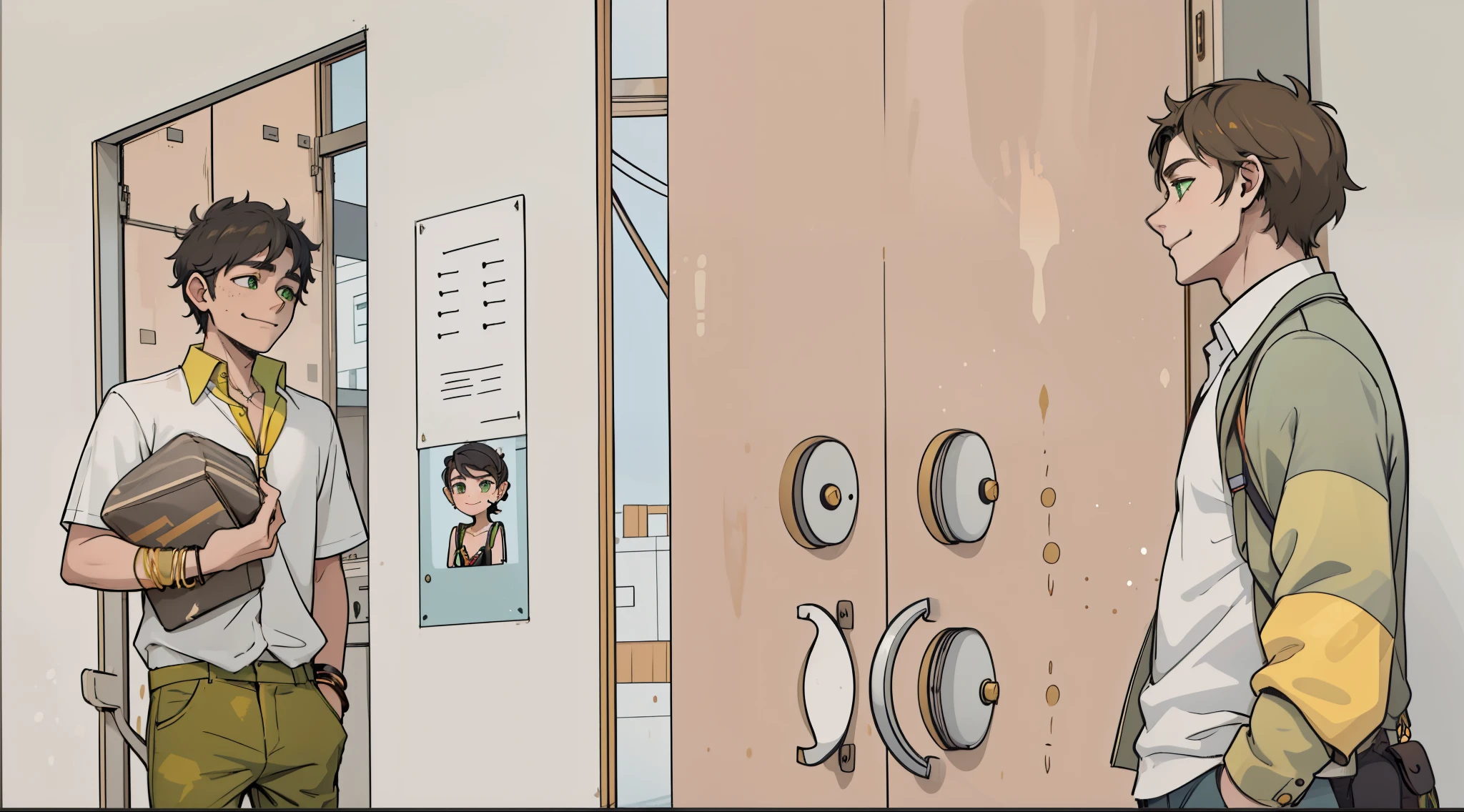 She has bracelets and gold jewelry, green eyes, there are two young people, the one on the left is smiling mischievously and the one on the right is sad, they are at school, they are 18 years old.