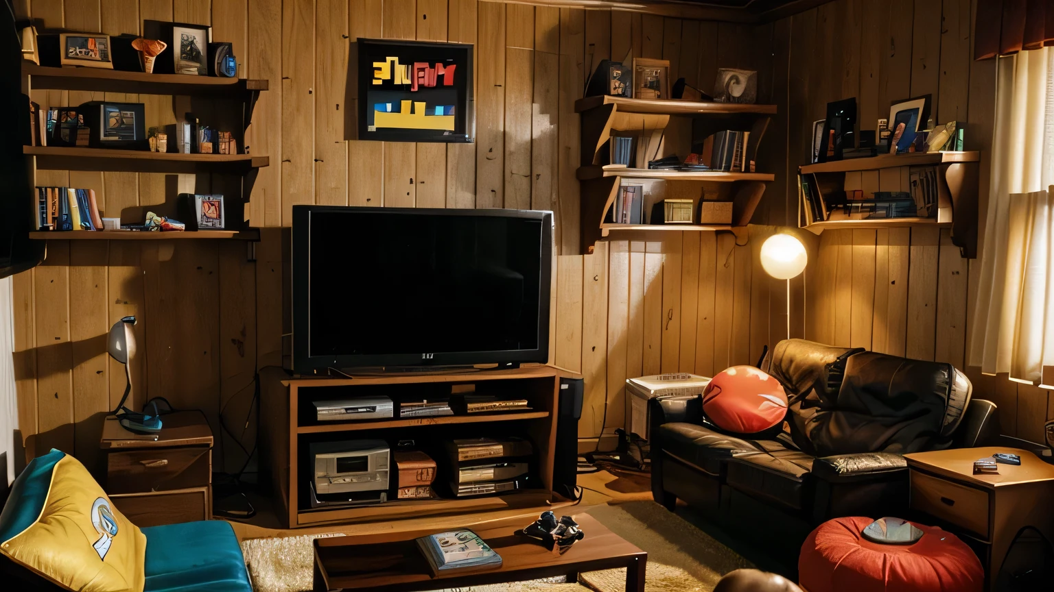 Create a cozy retro gaming room from the late 80s to early 90s. The room should have wood-paneled walls adorned with posters of classic video games like Pac-Man, Super Mario Bros., and The Legend of Zelda. There should be shelves filled with vintage gaming consoles such as the NES, Sega Genesis, and Atari 2600. The room should feature a bulky CRT television with a console connected, showing a pixelated game screen. Add bean bags, old-school gaming magazines scattered around, and a lava lamp to complete the nostalgic atmosphere.