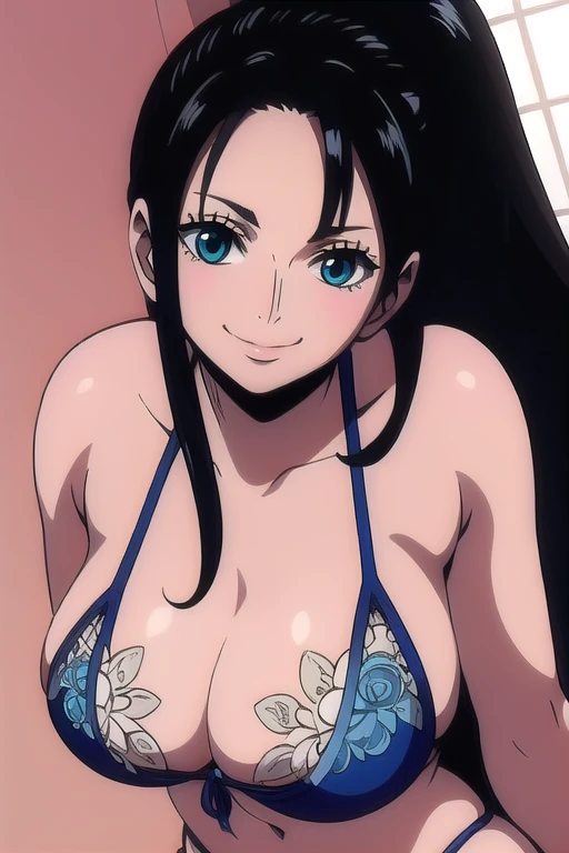 masterpiece, ((ultra detailed background, delicate pattern, intricate detail)), (highly detailed, fine details), best quality, beautiful lighting, NicoRobinV2, 1girl, black hair, long hair, solo, smile, blue eyes, closed mouth, hair slicked back, large breasts bikini
