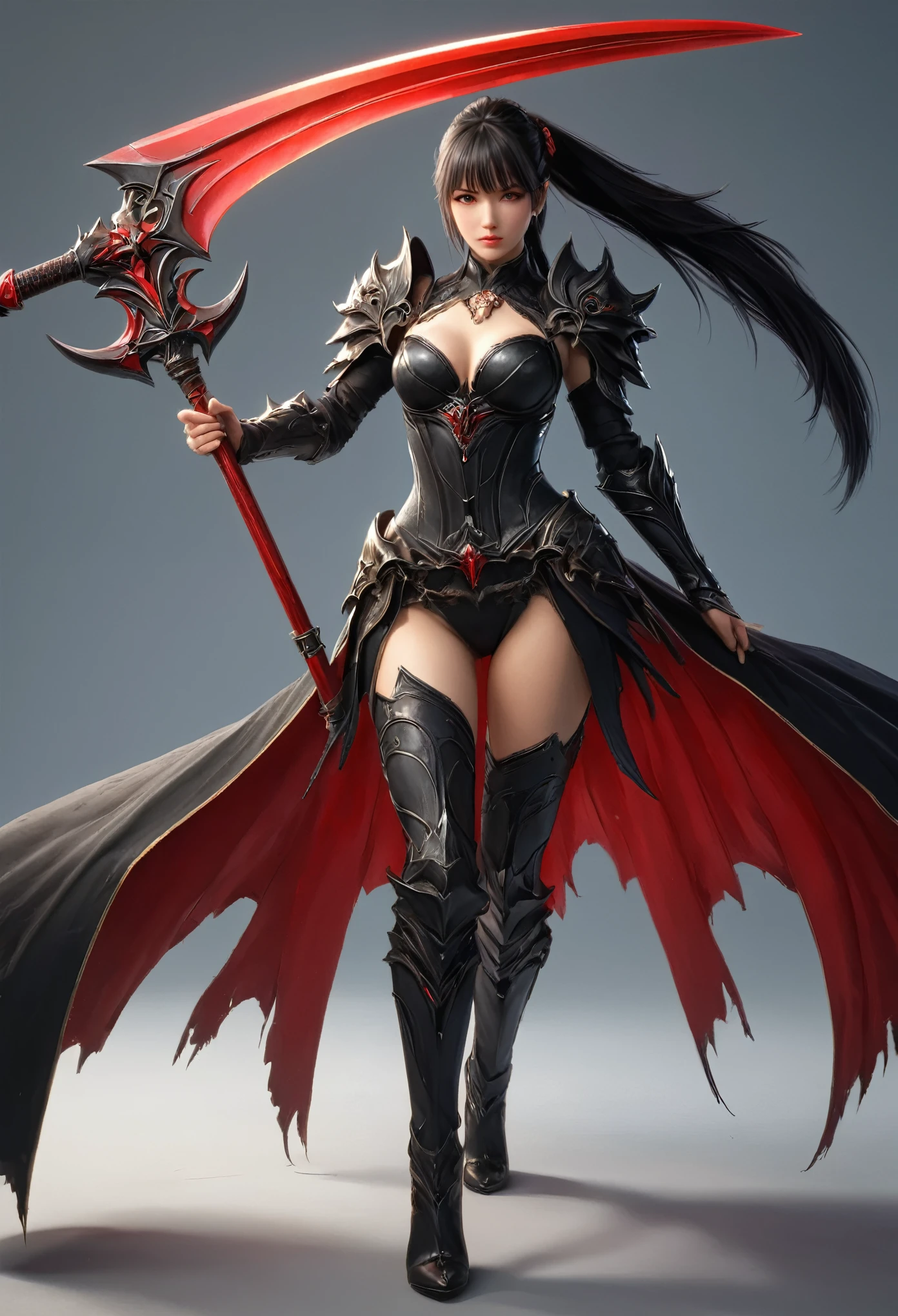 (best quality,4k,highres,masterpiece:1.2),ultra-detailed,(realistic,photorealistic:1.37),(highest quality), (detailed), Light Layer, Shiny skin, (intricate detailed, Tight clothes, Devil's Wings, hair ornaments:1.2), From above, Black Hair, Black choker, Long Hair, Hime cut, woman, Blunt bangs, Side Lock, Red eyes, Holding a walking stick,Holding a scythe,Holding a sword, (young woman:1.1), Side Ponytail  (Simple Background:1.1),  