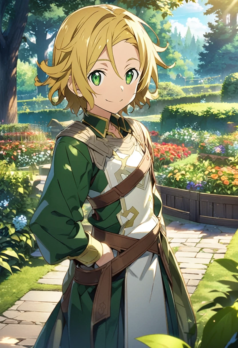 Sawada Tsunayoshi \(Sword Art Online\), short yellow gold hair, sharp forest green eyes:1.2, heroic costume, bangs, smiling happily, ((ultra-detailed)), ((illustration)), ((disheveled hair)), (beautiful detailed eyes), male, 1boy, standing, ((garden, day, sky)), looking at viewer