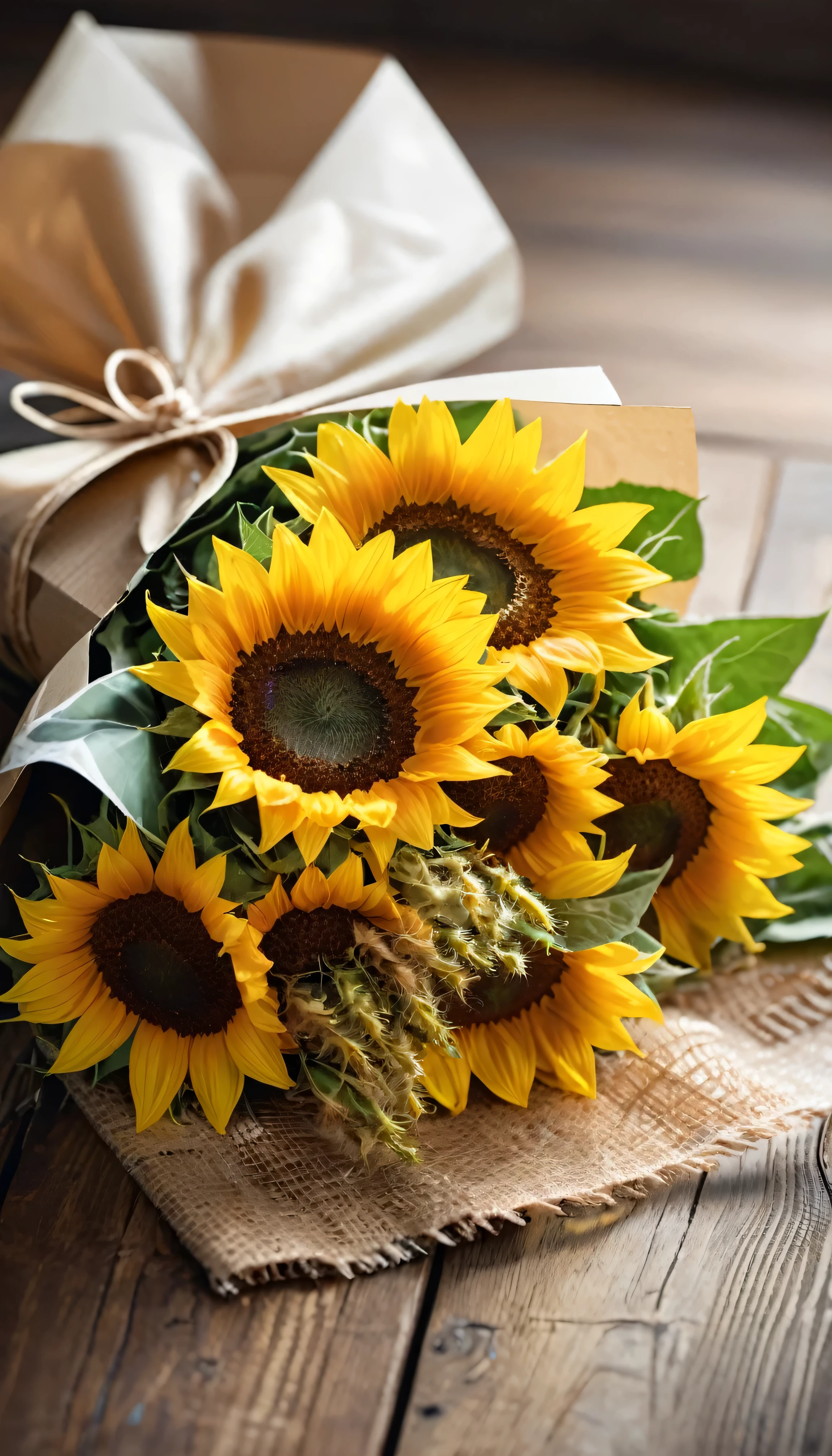 Close up of beautifully packaged sunflower bouquet lying flat on wooden tabletop,Exquisite, beautiful and bright through soft light and shadow,In the fresh and bright morning hours。Viewed from a bird's eye view,The bokeh background adds a romantic atmosphere,There are no characters in the whole scene,Seems extremely peaceful and comfortable,With window background,Fresh bright bokeh background