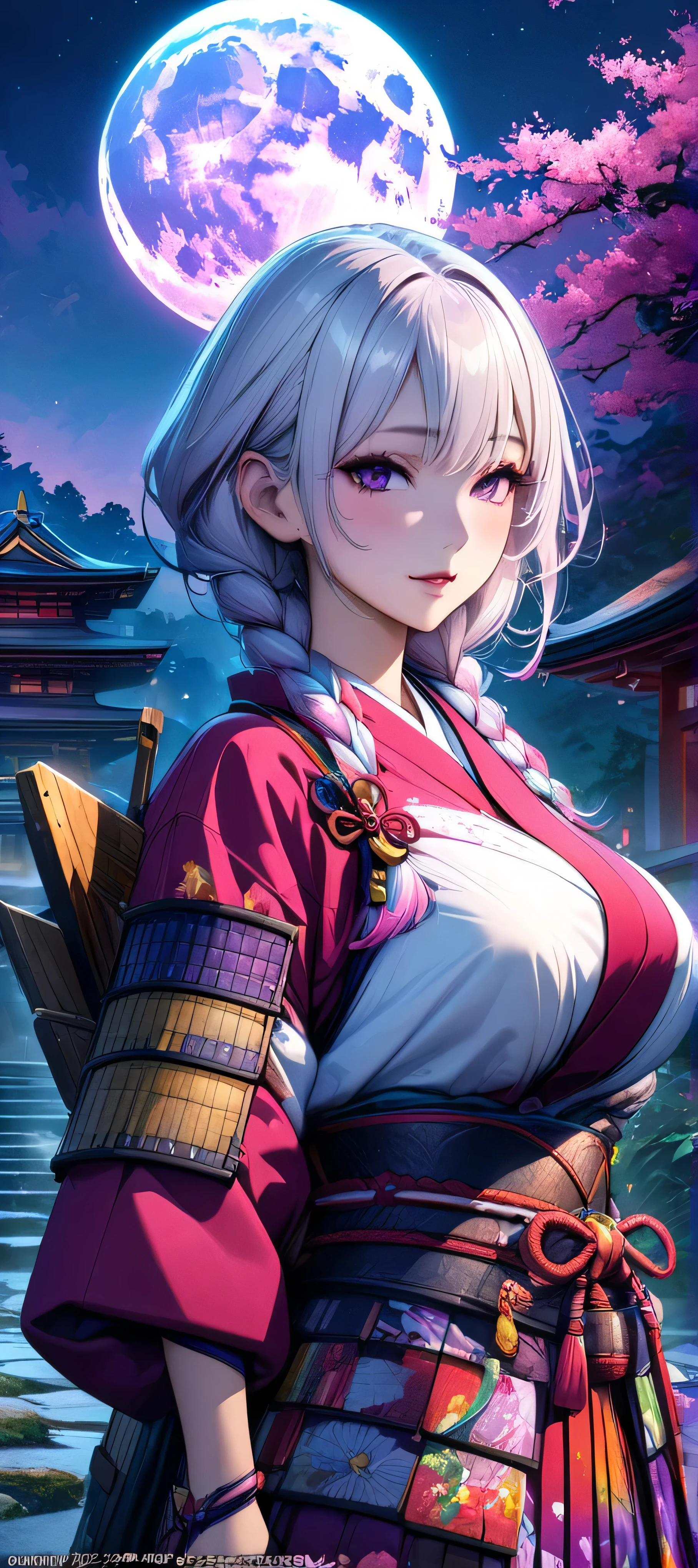 (masutepiece, of the highest quality, Best Quality, Official art, Beautiful and aesthetic:1.2), Extremely detailed,(Colorful:1.1),highest details, one arafed woman with braids white hair and pink tips and purple eyes, big breast, sfw, japanese armor, night, big blue moon, japanese temple