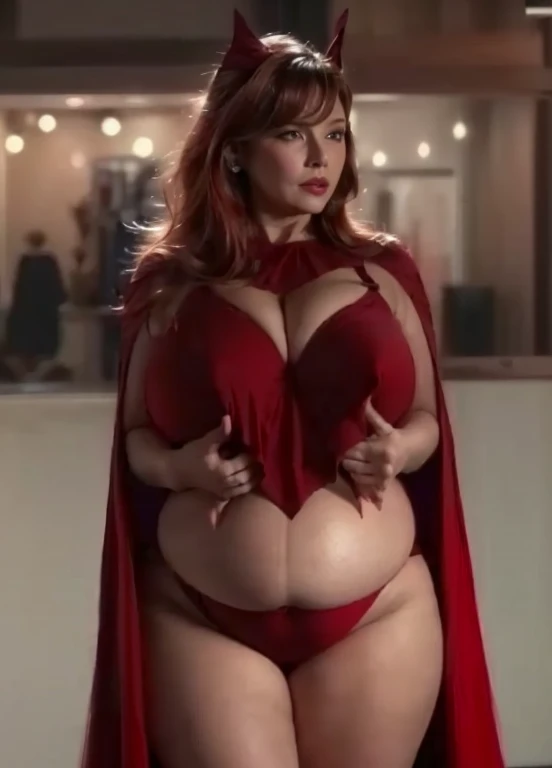 a close up of an older woman, busty, cleavage, voluptuous body, huge pregnant belly, round belly, wide hips, lipstick, long red hair, blue eyes