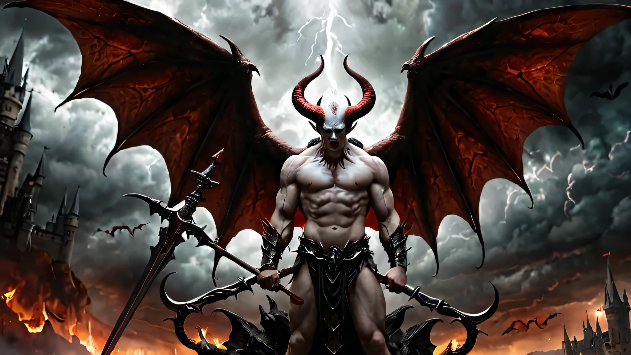 a dramatic and surreal scene, angel and demon, angel with white wings looking into mirror, angel's reflection shows demon with red skin, horns, dark red wings, menacing demon reflection holding trident with halo, contrast between light and darkness, bright heavenly light on angel's side, ominous fiery landscape with dark clouds and castle-like structure on demon's side, bats or dark creatures flying in background, duality, identity, battle between good and evil, (best quality,4k,8k,highres,masterpiece:1.2),ultra-detailed,(realistic,photorealistic,photo-realistic:1.37),HDR,UHD,studio lighting,ultra-fine painting,sharp focus,physically-based rendering,extreme detail description,professional,vivid colors,fantasy,dark fantasy,digital art