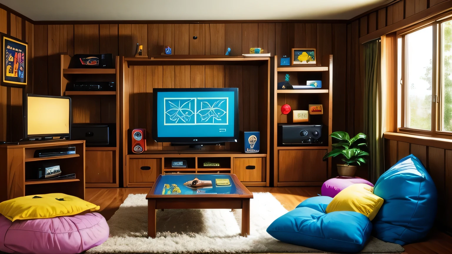 Create a cozy retro gaming room from the late 80s to early 90s. The room should have wood-paneled walls adorned with posters of classic video games like Pac-Man, Super Mario Bros., and The Legend of Zelda. There should be shelves filled with vintage gaming consoles such as the NES, Sega Genesis, and Atari 2600. The room should feature a bulky CRT television with a console connected, showing a pixelated game screen. Add bean bags, old-school gaming magazines scattered around, and a lava lamp to complete the nostalgic atmosphere.