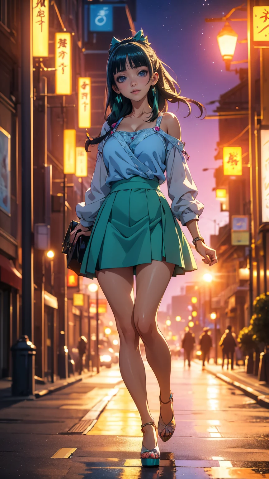 ((Best quality)), ((masterpiece)), (anime), a beautiful sexy woman walking down the street in a short skirt, a blouse and high platform heels, blue eyes, green hair, smooth skin, cleavage, ((full body)), (city setting, city enviroment), smile, shoulders exposed, anime, green eyes, maomao, Under street lights, Sunset Dusk,