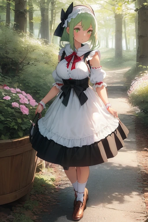 (Girl), (anime),(Full body portrait),(solo portrait), (young), (pretty), (hot), (white), (height 1.72 cm), (long green hair and green eyes), (21 years old), (super body mature),(with gigantic breasts with a bust size of 350cm),(big ass),(wearing),+,(A long, flowing cape made from vibrant red fabric with no straps, leaving the shoulders exposed. - The hood is large and cozy, perfectly adjusted to cover the head and protect from the cold and rain. - The cape is tied at the front with an elegant red satin ribbon bow, giving a delicate touch to the look.e - Simple and modest dress, usually in white or pastel tones, with a tight bodice that highlights the girl's silhouette and the dress and very sensual. - The bodice can have embroidered or lace details, with front buttons or a decorative bow. - The skirt of the dress is pencil style and short, 10cm long and is very tight to the body, allowing easy movement. - The sleeves of the dress are puffy and end with elastic or lace cuffs.**Apron:** - White apron, clean and well pressed, tied at the waist with ribbons that form a bow on the back and the dress has no straps. - The apron has large, practical pockets where Little Red can carry small items, such as flowers or cookies. **Footwear:** - Brown or black leather shoes, robust and comfortable, ideal for walks in the forest. - They can be decorated with small buckles or bows, matching the rustic style of the look.**Socks:** - White cotton socks that go below the knees, held together by discreet garters. - The socks are thick enough to offer protection against the elements of the forest. **Accessories:** - A wicker basket, decorated with a small embroidered towel, where she carries treats and gifts for her grandmother. - The basket can contain details such as wild flowers or fresh fruit, reinforcing the bucolic theme of the tale.)