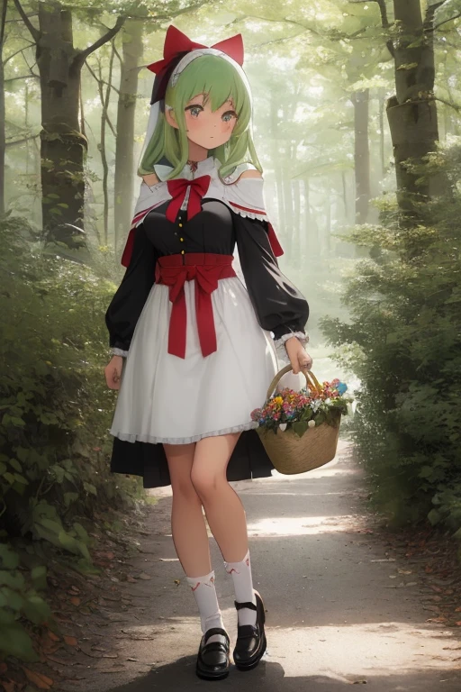 (Girl), (anime),(Full body portrait),(solo portrait), (young), (pretty), (hot), (white), (height 1.72 cm), (long green hair and green eyes), (21 years old), (super body mature),(with gigantic breasts with a bust size of 350cm),(big ass),(wearing),+,(A long, flowing cape made from vibrant red fabric with no straps, leaving the shoulders exposed. - The hood is large and cozy, perfectly adjusted to cover the head and protect from the cold and rain. - The cape is tied at the front with an elegant red satin ribbon bow, giving a delicate touch to the look.e - Simple and modest dress, usually in white or pastel tones, with a tight bodice that highlights the girl's silhouette and the dress and very sensual. - The bodice can have embroidered or lace details, with front buttons or a decorative bow. - The skirt of the dress is pencil style and short, 10cm long and is very tight to the body, allowing easy movement. - The sleeves of the dress are puffy and end with elastic or lace cuffs.**Apron:** - White apron, clean and well pressed, tied at the waist with ribbons that form a bow on the back and the dress has no straps. - The apron has large, practical pockets where Little Red can carry small items, such as flowers or cookies. **Footwear:** - Brown or black leather shoes, robust and comfortable, ideal for walks in the forest. - They can be decorated with small buckles or bows, matching the rustic style of the look.**Socks:** - White cotton socks that go below the knees, held together by discreet garters. - The socks are thick enough to offer protection against the elements of the forest. **Accessories:** - A wicker basket, decorated with a small embroidered towel, where she carries treats and gifts for her grandmother. - The basket can contain details such as wild flowers or fresh fruit, reinforcing the bucolic theme of the tale.)