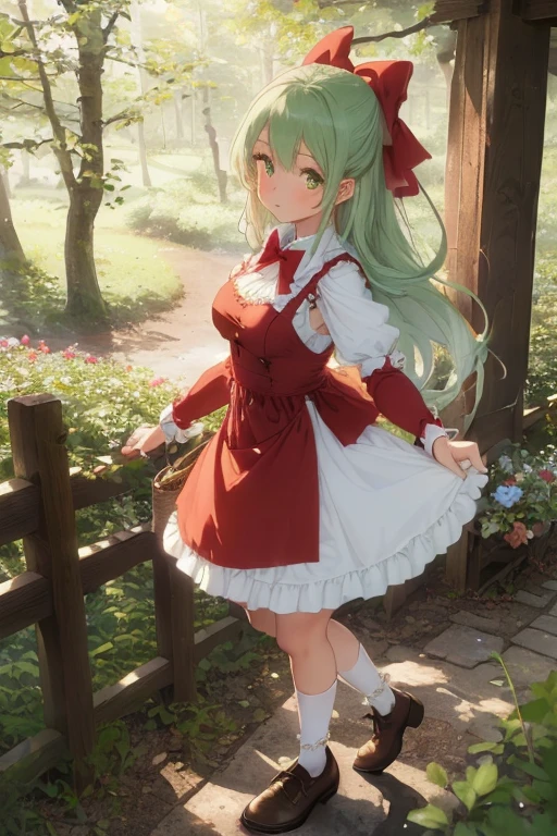 (Girl), (anime),(Full body portrait),(solo portrait), (young), (pretty), (hot), (white), (height 1.72 cm), (long green hair and green eyes), (21 years old), (super body mature),(with gigantic breasts with a bust size of 350cm),(big ass),(wearing),+,(A long, flowing cape made from vibrant red fabric with no straps, leaving the shoulders exposed. - The hood is large and cozy, perfectly adjusted to cover the head and protect from the cold and rain. - The cape is tied at the front with an elegant red satin ribbon bow, giving a delicate touch to the look.e - Simple and modest dress, usually in white or pastel tones, with a tight bodice that highlights the girl's silhouette and the dress and very sensual. - The bodice can have embroidered or lace details, with front buttons or a decorative bow. - The skirt of the dress is pencil style and short, 10cm long and is very tight to the body, allowing easy movement. - The sleeves of the dress are puffy and end with elastic or lace cuffs.**Apron:** - White apron, clean and well pressed, tied at the waist with ribbons that form a bow on the back and the dress has no straps. - The apron has large, practical pockets where Little Red can carry small items, such as flowers or cookies. **Footwear:** - Brown or black leather shoes, robust and comfortable, ideal for walks in the forest. - They can be decorated with small buckles or bows, matching the rustic style of the look.**Socks:** - White cotton socks that go below the knees, held together by discreet garters. - The socks are thick enough to offer protection against the elements of the forest. **Accessories:** - A wicker basket, decorated with a small embroidered towel, where she carries treats and gifts for her grandmother. - The basket can contain details such as wild flowers or fresh fruit, reinforcing the bucolic theme of the tale.)