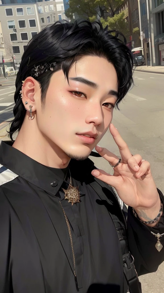 arafed asian man with black hair and piercings making a peace sign, jungkook, pale korean adorable face, pintar ulzzang, Jung Jaehyun, hombre surcoreano, foto de perfil en la cabeza, Korean idol, jungkook de bts con pecas, ojos achinados color azul, hombre con setup, asian with a nose piercing, pale bts jungkook