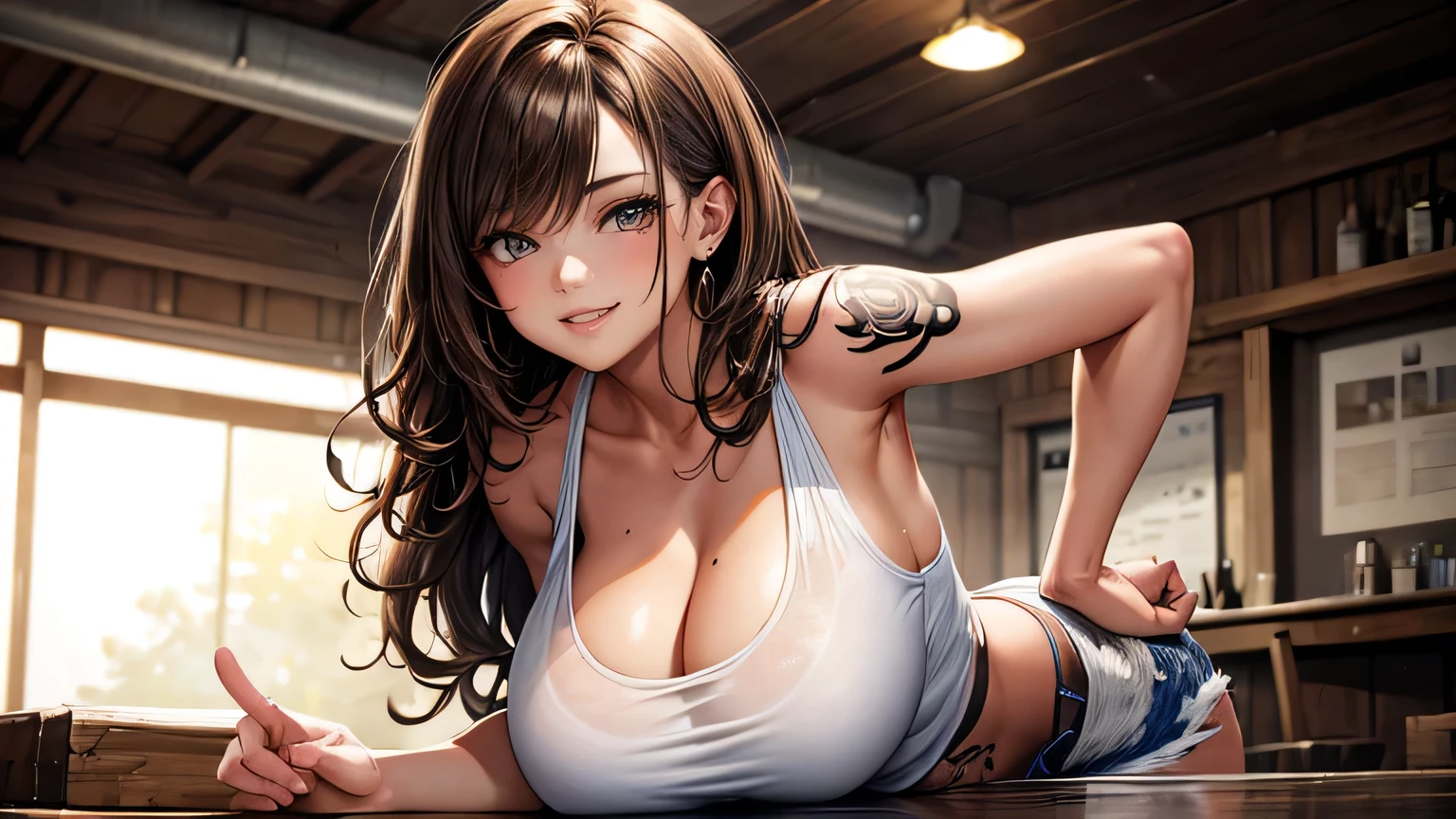 A flirtatious, provocative smile、Big Breasts、woman、Beautiful light brown hair、Perm Hair,tattoo、White tank top,Ripped jeans,A deserted bar,Wilky,Ultra-high resolution, Accurate, Super detailed, Textured skin, High detail, highest quality, 8k, Detailed Hair,Detailed eyes,Focus on the face,Depict the figure from the waist up,