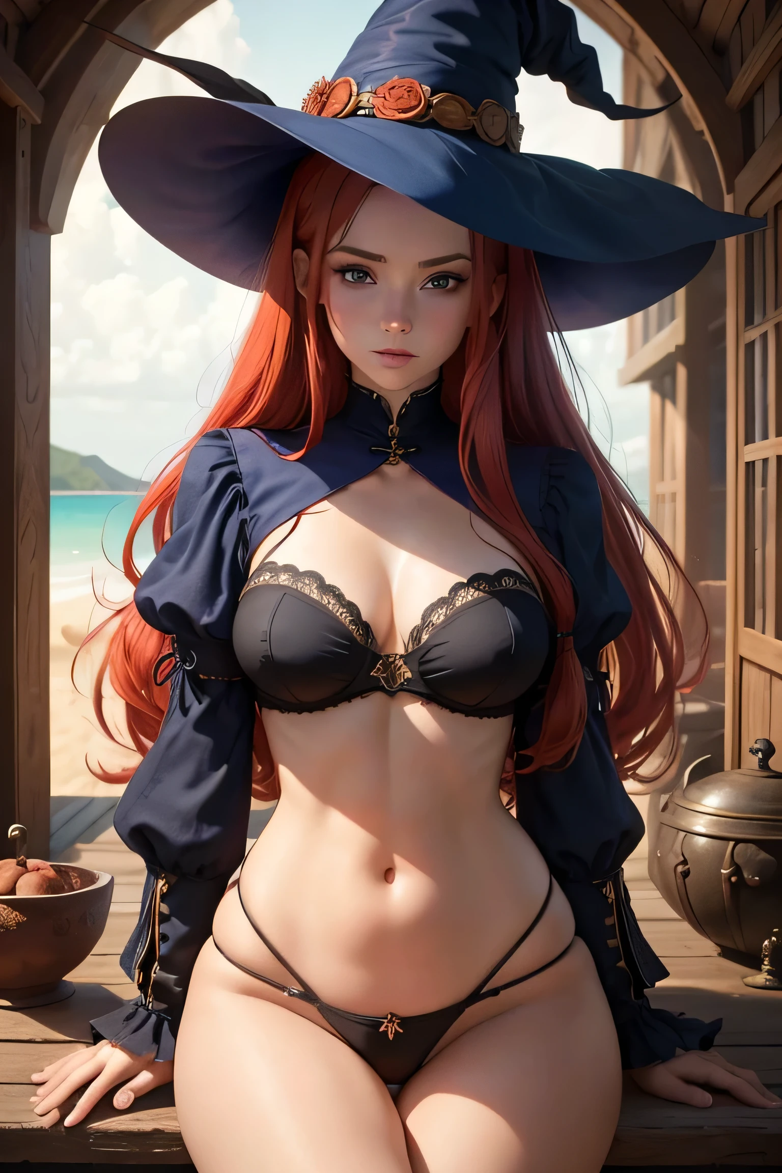 masterpiece, top quality, super definition, high definition)), solo, beautiful girl, red pontytail hair, blue eyes, mulher bela de cabelo ruivo numa cabana velha no alto de uma colina, witch cauldron 