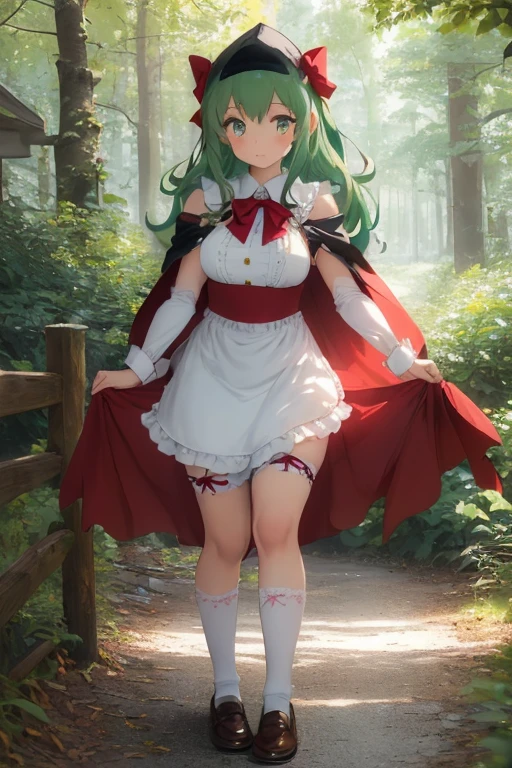 (Girl), (anime),(Full body portrait),(solo portrait), (young),(18 years old), (with a sexy body with physical attributes such as ass and large breasts),(pretty), (hot), (white), (height 1.72 cm), (long green hair and green eyes), (21 years old), (super body mature),(with gigantic breasts with a bust size of 350cm),(big ass),(wearing),+,(A long, flowing cape made from vibrant red fabric with no straps, leaving the shoulders exposed. - The hood is large and cozy, perfectly adjusted to cover the head and protect from the cold and rain. - The cape is tied at the front with an elegant red satin ribbon bow, giving a delicate touch to the look.e - Simple and modest dress, usually in white or pastel tones, with a tight bodice that highlights the girl's silhouette and the dress and very sensual. - The bodice can have embroidered or lace details, with front buttons or a decorative bow. - The skirt of the dress is pencil style and short, 10cm long and is very tight to the body, allowing easy movement. - The sleeves of the dress are puffy and end with elastic or lace cuffs.**Apron:** - White apron, clean and well pressed, tied at the waist with ribbons that form a bow on the back and the dress has no straps. - The apron has large, practical pockets where Little Red can carry small items, such as flowers or cookies. **Footwear:** - Brown or black leather shoes, robust and comfortable, ideal for walks in the forest. - They can be decorated with small buckles or bows, matching the rustic style of the look.**Socks:** - White cotton socks that go below the knees, held together by discreet garters. - The socks are thick enough to offer protection against the elements of the forest. **Accessories:** - A wicker basket, decorated with a small embroidered towel, where she carries treats and gifts for her grandmother. - The basket can contain details such as wild flowers or fresh fruit, reinforcing the bucolic theme of the tale.)