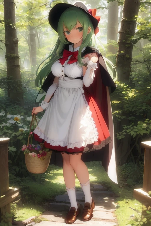 (Girl), (anime),(Full body portrait),(solo portrait), (young),(18 years old), (with a sexy body with physical attributes such as ass and large breasts),(pretty), (hot), (white), (height 1.72 cm), (long green hair and green eyes), (21 years old), (super body mature),(with gigantic breasts with a bust size of 350cm),(big ass),(wearing),+,(A long, flowing cape made from vibrant red fabric with no straps, leaving the shoulders exposed. - The hood is large and cozy, perfectly adjusted to cover the head and protect from the cold and rain. - The cape is tied at the front with an elegant red satin ribbon bow, giving a delicate touch to the look.e - Simple and modest dress, usually in white or pastel tones, with a tight bodice that highlights the girl's silhouette and the dress and very sensual. - The bodice can have embroidered or lace details, with front buttons or a decorative bow. - The skirt of the dress is pencil style and short, 10cm long and is very tight to the body, allowing easy movement. - The sleeves of the dress are puffy and end with elastic or lace cuffs.**Apron:** - White apron, clean and well pressed, tied at the waist with ribbons that form a bow on the back and the dress has no straps. - The apron has large, practical pockets where Little Red can carry small items, such as flowers or cookies. **Footwear:** - Brown or black leather shoes, robust and comfortable, ideal for walks in the forest. - They can be decorated with small buckles or bows, matching the rustic style of the look.**Socks:** - White cotton socks that go below the knees, held together by discreet garters. - The socks are thick enough to offer protection against the elements of the forest. **Accessories:** - A wicker basket, decorated with a small embroidered towel, where she carries treats and gifts for her grandmother. - The basket can contain details such as wild flowers or fresh fruit, reinforcing the bucolic theme of the tale.)