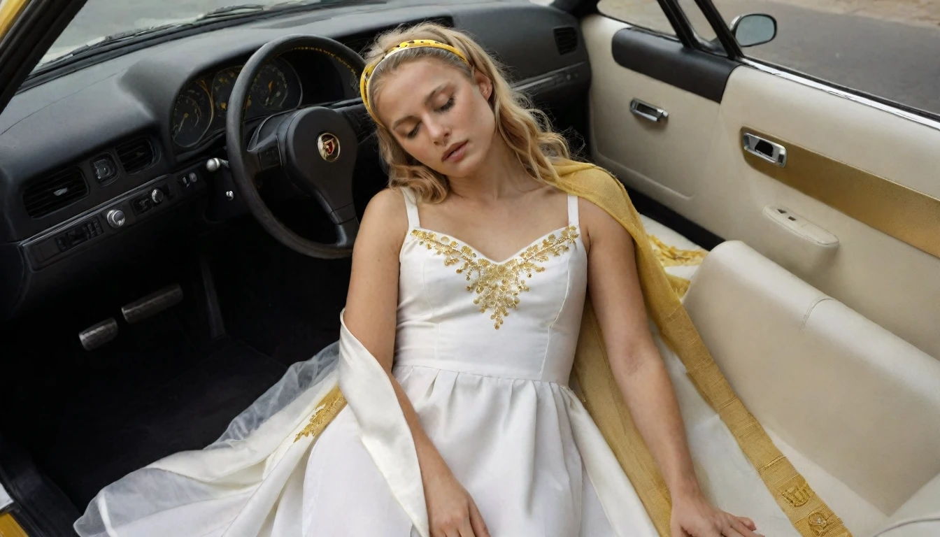 ((masterpiece)), ((Best quality)), 8K, HD, Super Detail, (Woman), (White dress with yellow gold headbands), (Golden hair shawl scattered), (Expression of closed eyes) (sleep in car 1.6) (Full body show 1.4) Картина-masterpiece, With the best quality and super detail, captured in 8K HD. Photographic realistic, realistic, very detailed illustrations realistic, octane number