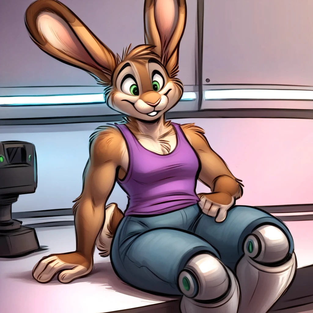 anthro Bunnie Bunnie Rabbot, expressive green eyes, long bunny ears, darker shade of brown fur, dressed in a purple tank top, thick thighs, thick arms, high quality, crisp, illustration, hand-drawn, bold linework, anthro illustration, cel shaded, 4k, fine details, masterpiece, (anthro:0.1)