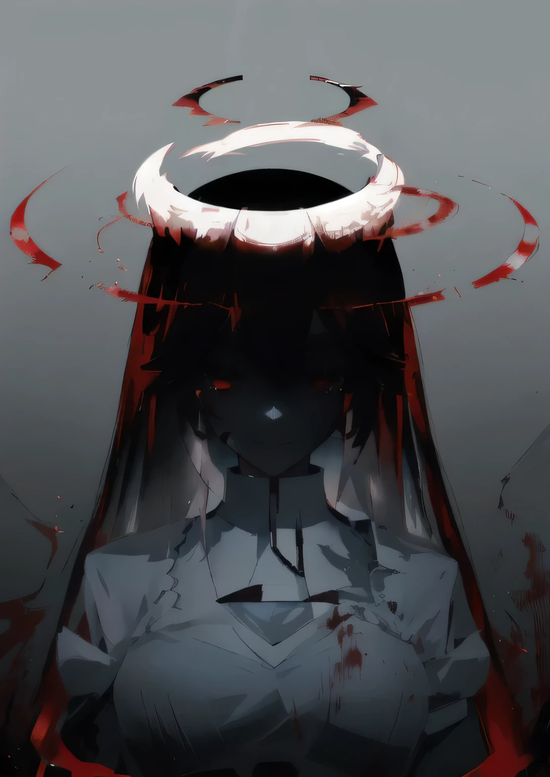 there is a black vase with a white ring on it, with a red halo over her head, bloody + concept art, gapmoe yandere grimdark, demon anime girl, twisted god with no face, gapmoe yandere, the angel of death with a halo, yandere, by Shingei, halo over her head, pointing his finger while smiling.