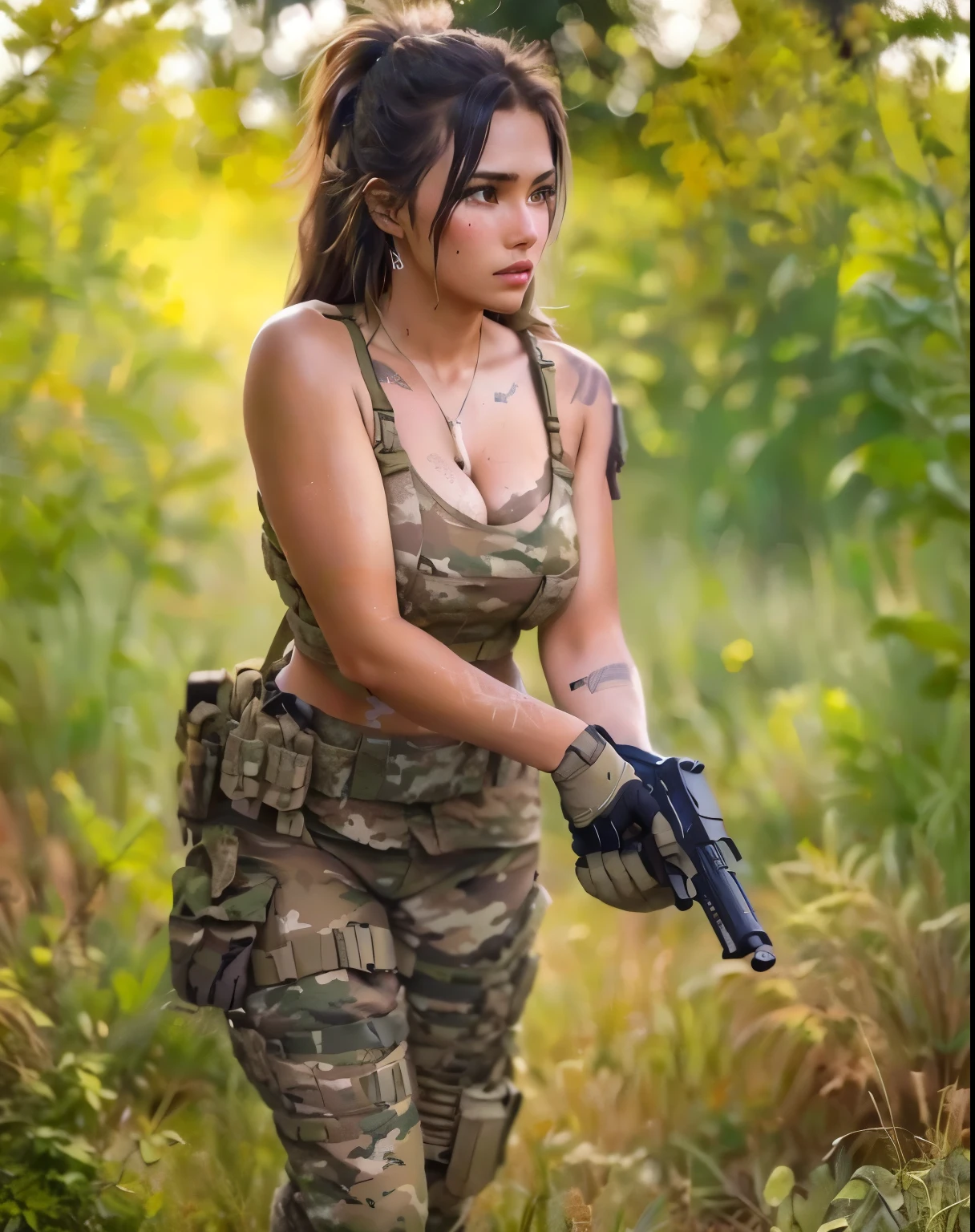 Mujer araffe camuflada sosteniendo una pistola en un campo., Hermosa mujer soldado, chica militar, chica soldado, de una chica francotiradora en la guerra, infantry girl, portando un rifle, listo para el combate, bikini + equipo militar hecho jirones, using tactical equipment, army girl costume, silent due to solid metal gear, mechanized chica soldado, magnificent jungle ranger