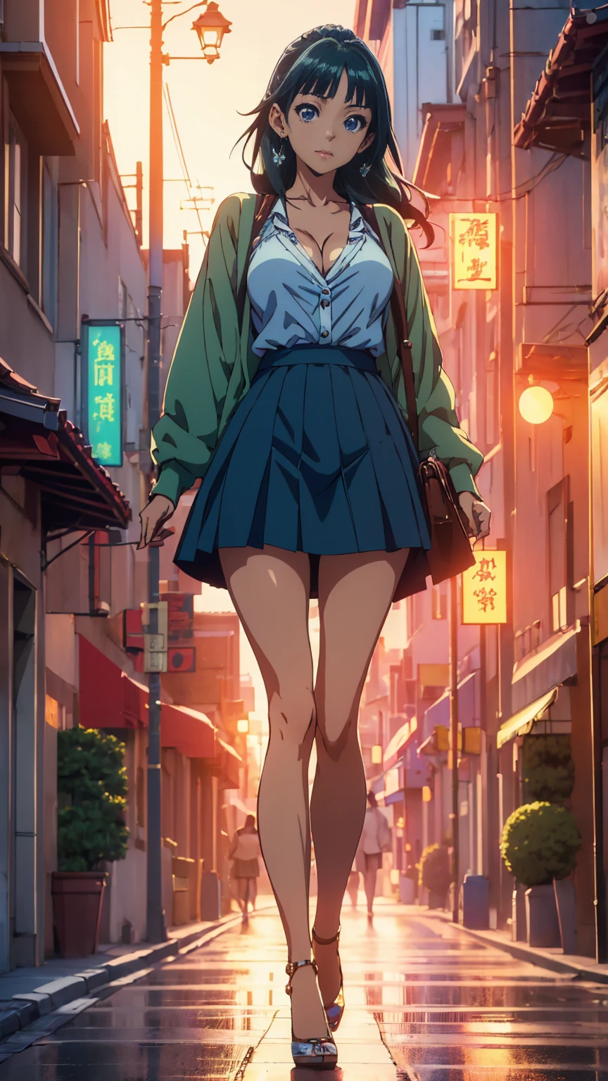 ((Best quality)), ((masterpiece)), (anime), a beautiful sexy woman walking down the street in a short skirt, a blouse and high platform heels, blue eyes, green hair, smooth skin, cleavage, ((full body)), (city setting, city enviroment), smile, shoulders exposed, anime, green eyes, maomao, Under street lights, Sunset Dusk,