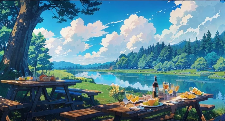 A picture of a picnic table,Food and drinks on it, Anime Background, Anime rural scenery, Anime Nature Wallpaper, Relaxation concept art, Anime Background art, beautiful Anime Landscape, Anime Landscape, Landscape Artwork, Detailed scenery —width 672, Anime Landscape壁纸, Anime Landscape concept art, Anime beautiful peaceful scene, Landscape Wallpaper, Beautiful anime scene, Anime Background