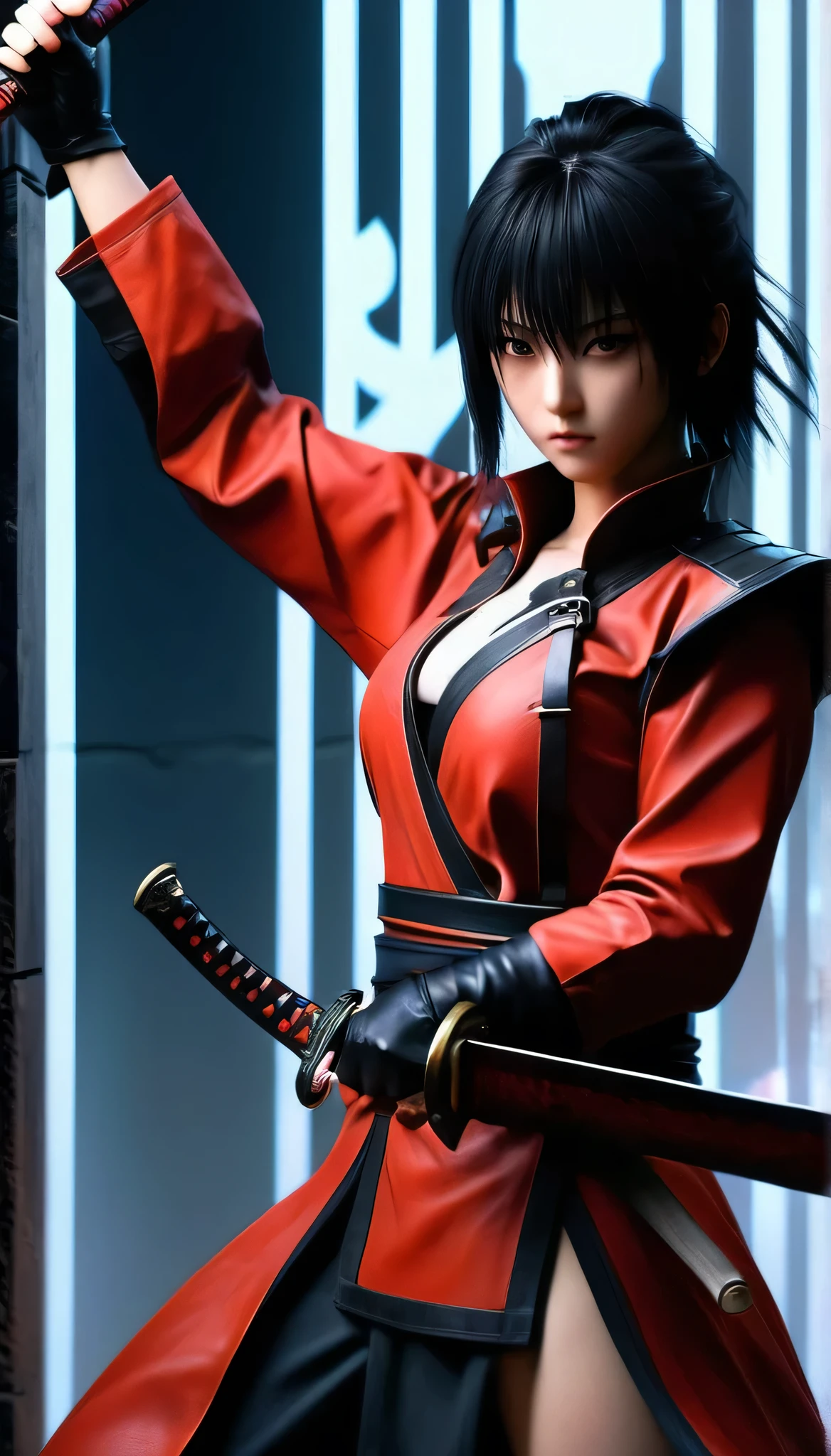 a woman holding a sword in a dark room, 2. 5 d cgi anime fantasy artwork, holding a black katana, stuning fantasy 3 d render, holding katana, unreal engine character art, unsheathing her katana, she is holding a katana sword, yasuke 5 0 0 px models, dramatic wielding katana pose, holding a katana, background color smoked, Red leather jacket.