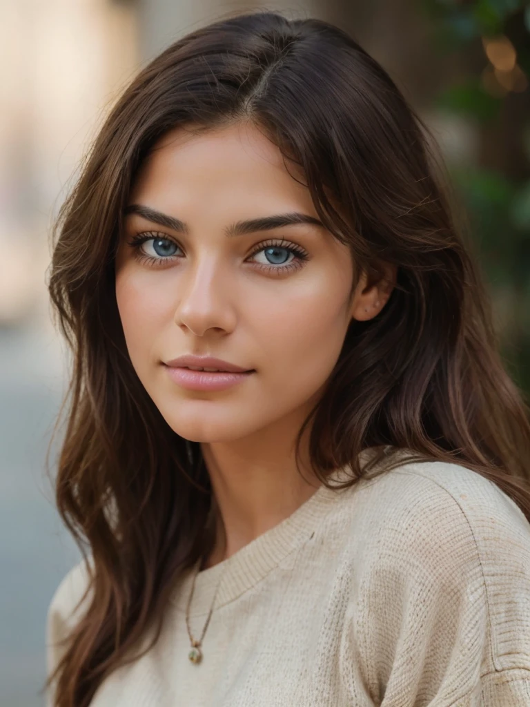 beautiful brunette arabic wearing light beige sweater, very detailed, 21 years old, innocent face, natural wavy hair, blue eyes, high resolution, masterpiece, best quality, intricate details, highly detailed, sharp focus, detailed skin, realistic skin texture, texture, detailed eyes, professional, 4k, charming smile, shot on Canon, 85mm, shallow depth of field, kodak vision color, perfect fit body, extremely detailed, foto_\(ultra\), photorealistic, realistic, post-processing, maximum detail, roughness, real life, ultra realistic, photorealism, photography, 8k uhd, photography