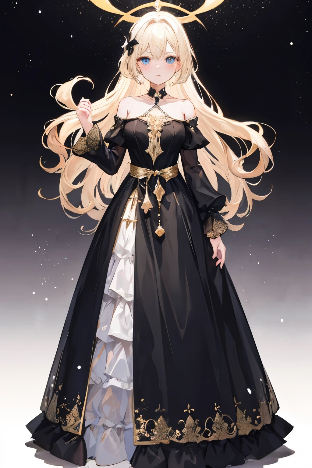 Best quality,Light blond long hair,Waist-length hair,Sapphire eyes,Black ta dress,Gold embellishment,Gorgeous long dress,diamond,pearl,English University,Afternoon,Good figure,A little blush,diamond crown,Low exposure,dignified,Dress,Off-shoulder,Victoria,
