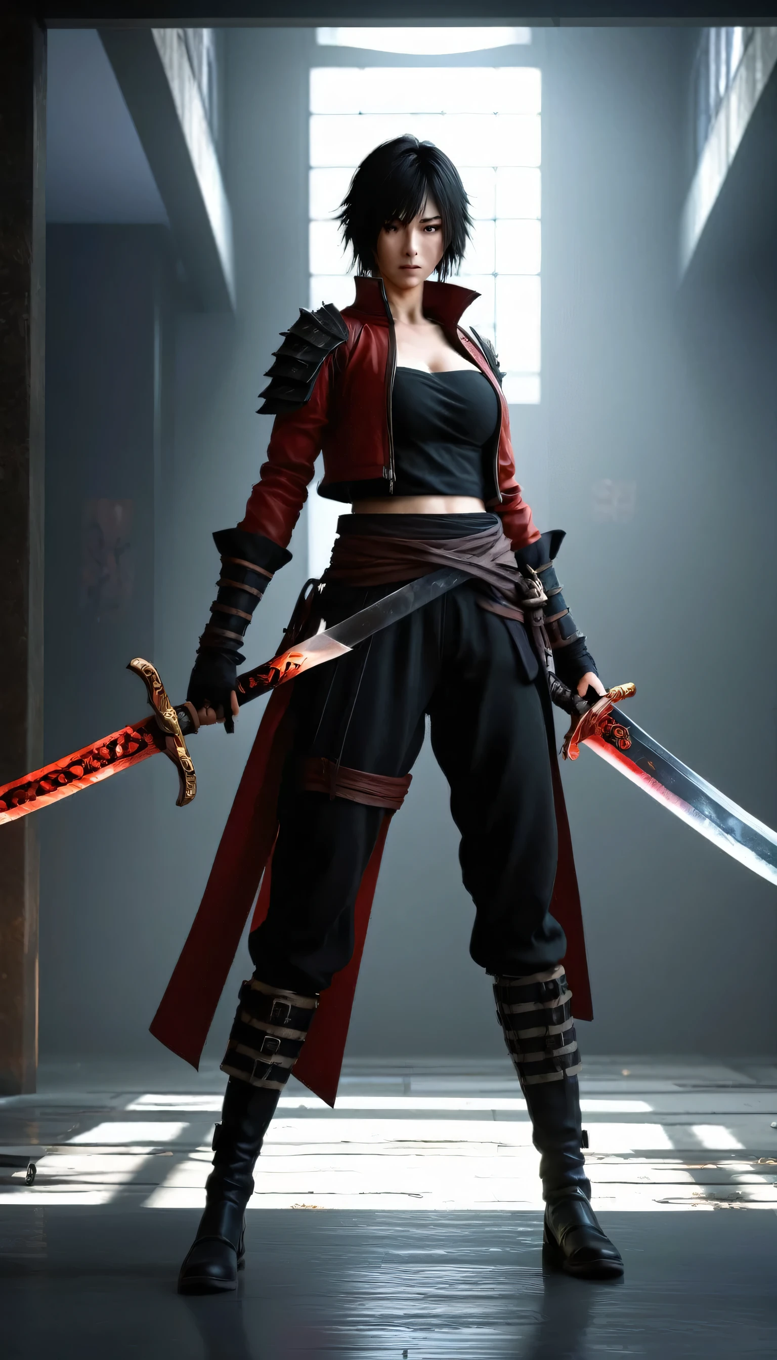 a woman holding a sword in a dark room, 2. 5 d cgi anime fantasy artwork, holding a black katana, stuning fantasy 3 d render, holding katana, unreal engine character art, unsheathing her katana, she is holding a katana sword, yasuke 5 0 0 px models, dramatic wielding katana pose, holding a katana, background color smoked, Red leather jacket.