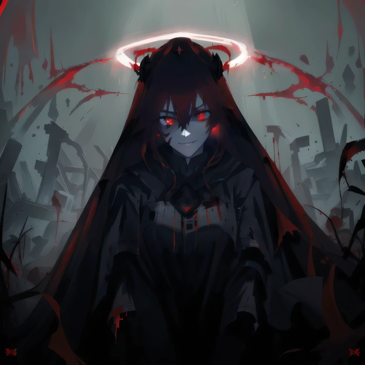 arafed image of a woman with a red cape and a halo, with red glowing eyes, with glowing red eyes, blood dripping from eyes, gapmoe yandere grimdark, red glowing eyes, fully red eyes, his eyes are bleeding intense, blood red eyes, with red eyes, his eyes are red and glowing, eyeless watcher, no face, smiling.