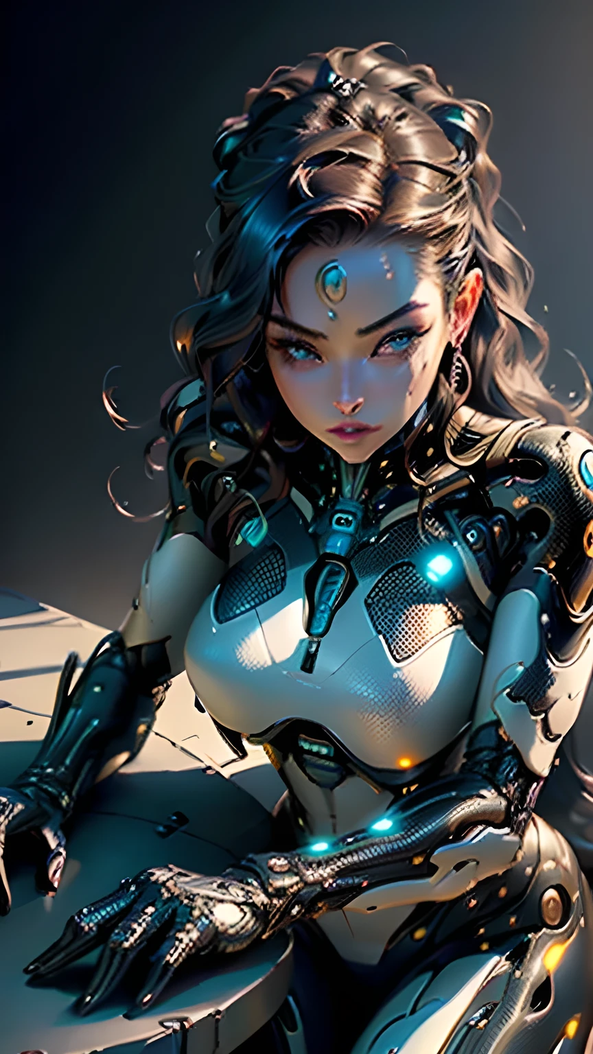 a highly detailed humanoid female robot, thick cybernetic thighs, piercing glowing eyes, intricate mechanical body parts, glossy metallic skin, advanced biomechanical design, cinematic lighting, dramatic composition, elegant pose, surreal science fiction, vibrant neon colors, hyper detailed, 8k, photorealistic, masterpiece