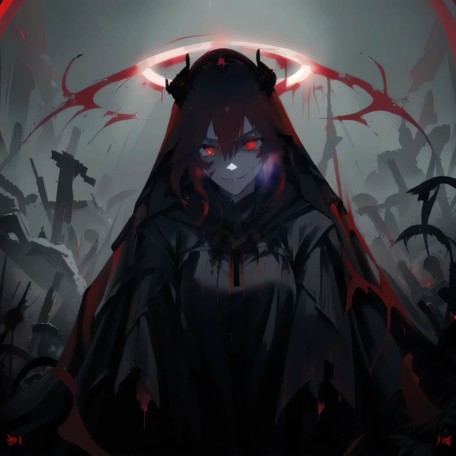 arafed image of a woman with a red cape and a halo, with red glowing eyes, with glowing red eyes, blood dripping from eyes, gapmoe yandere grimdark, red glowing eyes, fully red eyes, his eyes are bleeding intense, blood red eyes, with red eyes, his eyes are red and glowing, eyeless watcher, no face, smiling.