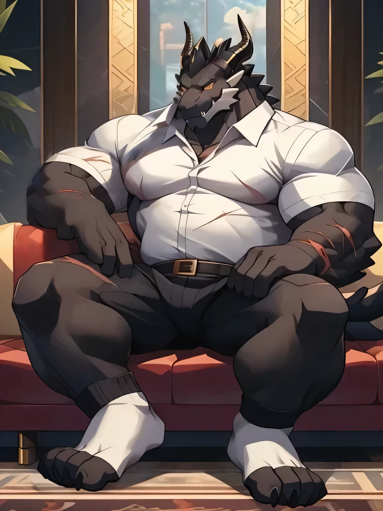 Solitary, male, Gangster，cheeky, Wide face, Broad shoulders, muscular，（（The general's belly））, Gain, Strong, High, There are many long scars on the upper body, Lots of, huge, Big biceps, Huge pectoral muscles，Golden Eyes, （White shirt），Detailed crotch, huge bulge，（（White Socks）），Sit on the couch，（（Black Dragon），（（Wearing White Socks）），（（paw）），（（Black scales）），（（No shoes），Feet facing the camera，（（black horn）），Lift your feet，black，（（White sports socks）），（（Detailed eyes）），（（Cigar between fingers）），（Smoky），（（cigar）），Detailed hands