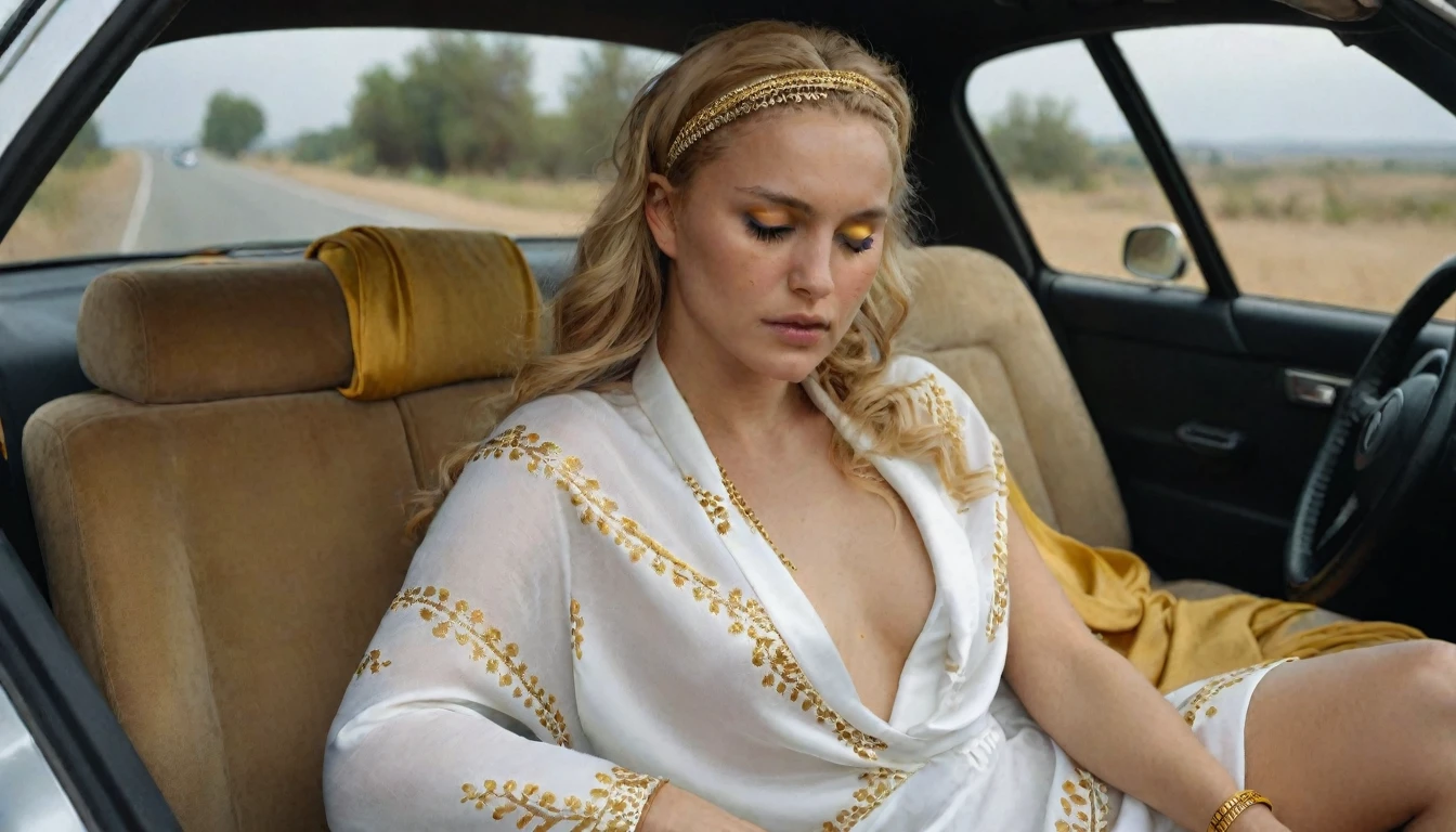 ((masterpiece)), ((Best quality)), 8K, HD, Super Detail, (Woman), (White dress with yellow gold headbands), (Golden hair shawl scattered), (Expression of closed eyes) (sleep in car 1.6) (Full body show 1.4) Картина-masterpiece, With the best quality and super detail, captured in 8K HD. Photographic realistic, realistic, very detailed illustrations realistic, octane number