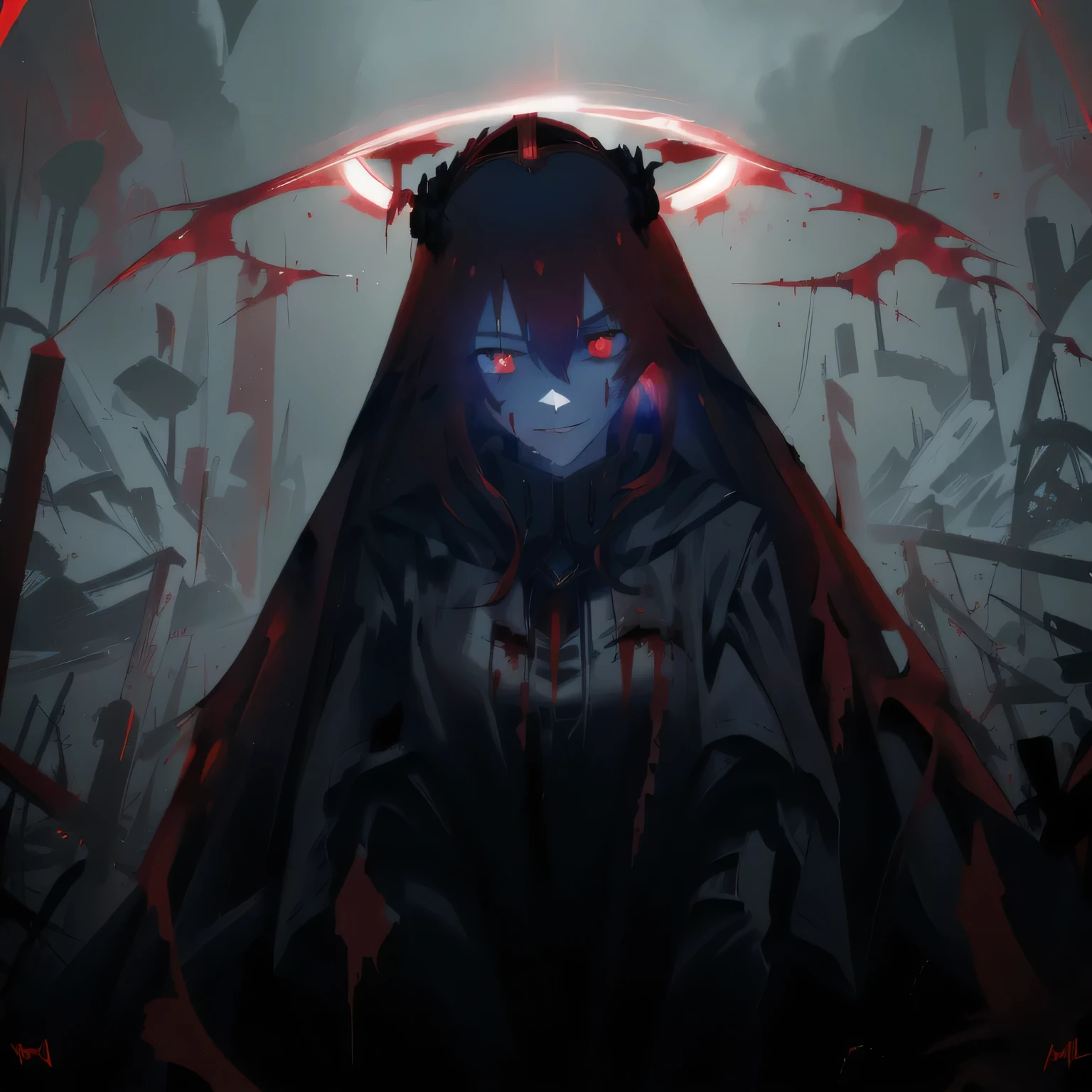 arafed image of a woman with a red cape and a halo, with red glowing eyes, with glowing red eyes, blood dripping from eyes, gapmoe yandere grimdark, red glowing eyes, fully red eyes, his eyes are bleeding intense, blood red eyes, with red eyes, his eyes are red and glowing, eyeless watcher, no face, smiling.