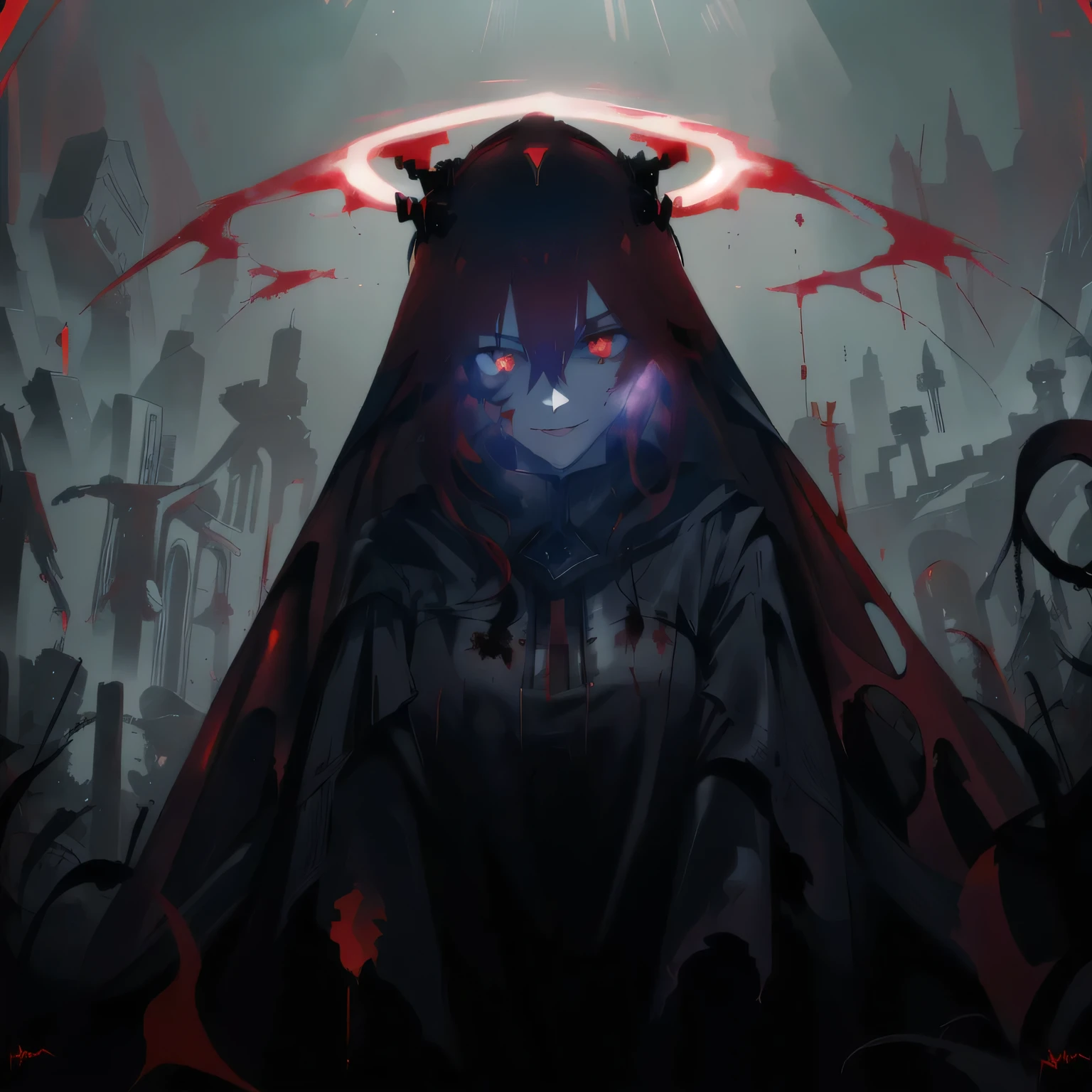 arafed image of a woman with a red cape and a halo, with red glowing eyes, with glowing red eyes, blood dripping from eyes, gapmoe yandere grimdark, red glowing eyes, fully red eyes, his eyes are bleeding intense, blood red eyes, with red eyes, his eyes are red and glowing, eyeless watcher, no face, smiling.