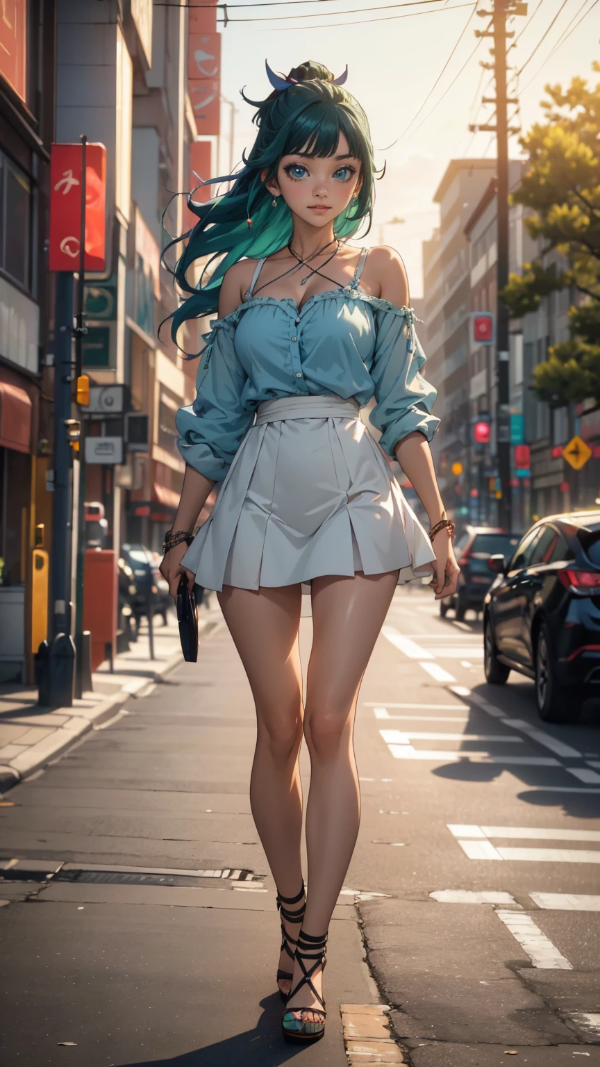 ((Best quality)), ((masterpiece)), (anime), a beautiful sexy woman walking down the street in a short skirt, a blouse and high platform heels, blue eyes, green hair, smooth skin, cleavage, ((full body)), (city setting, city enviroment), smile, shoulders exposed, anime, green eyes, maomao, Under street lights, Sunset Dusk,