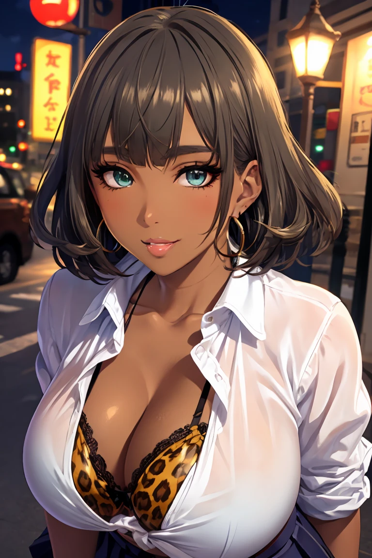 takagaki kaede,1girl, solo, short hair, heterochromia, blue eyes, green eyes, brown hair, detailed body , (detailed face:1.1), (perfect eyes), (big breasts:1.3), thick eyelashes, long eyelashes, (blunt bangs:1.2), perfect dynamic composition, (gyaru:1.2), cleavage, jewelry, earrings, open clothes, tied shirt, tented shirt, unbuttoned shirt, bra peek, lace-trimmed bra, (leopard print:1.2), belt, pleated skirt, lace-trimmed legwear, garter straps, see-through, (dark skin:1.2), hoop earrings, gal, evil smile, seductive smile, blush, seductive pose, (seductive smile:1.4), thick lips, (huge lips:1.2), (massive lips: 1.2), (parted lips:1.2), (thick lips:1.4), street, night sky
8k, 4k, Masterpiece, Best Quality, fantasy, extremely detailed, intricate, hyper detailed, detailed eyes, (perfect face), illustration, soft lighting, (specular lighting:1.2), (shiny skin, gleaming skin), looking at viewer,