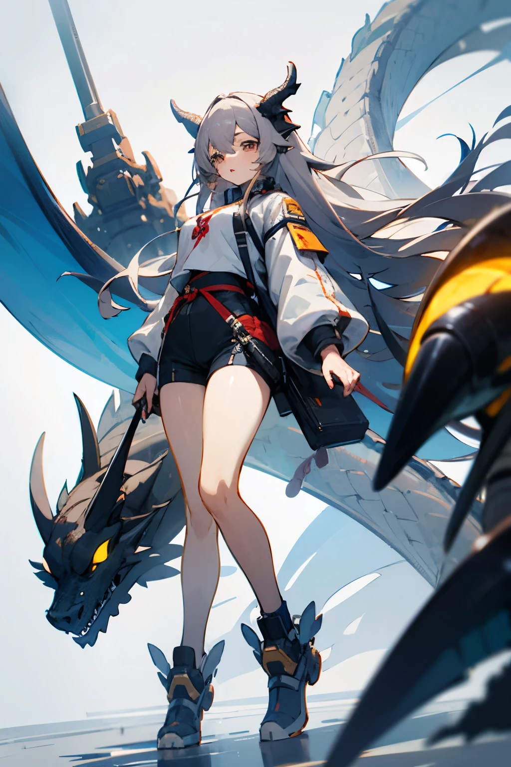 Girl with Dragon God Motif、Hero Costumes、Shorts、Thick、Gray hair straight long、White base、technology、technologyを使用したような衣装、Cool Costumes、Oversized clothing、Clothes like machines、Great arms