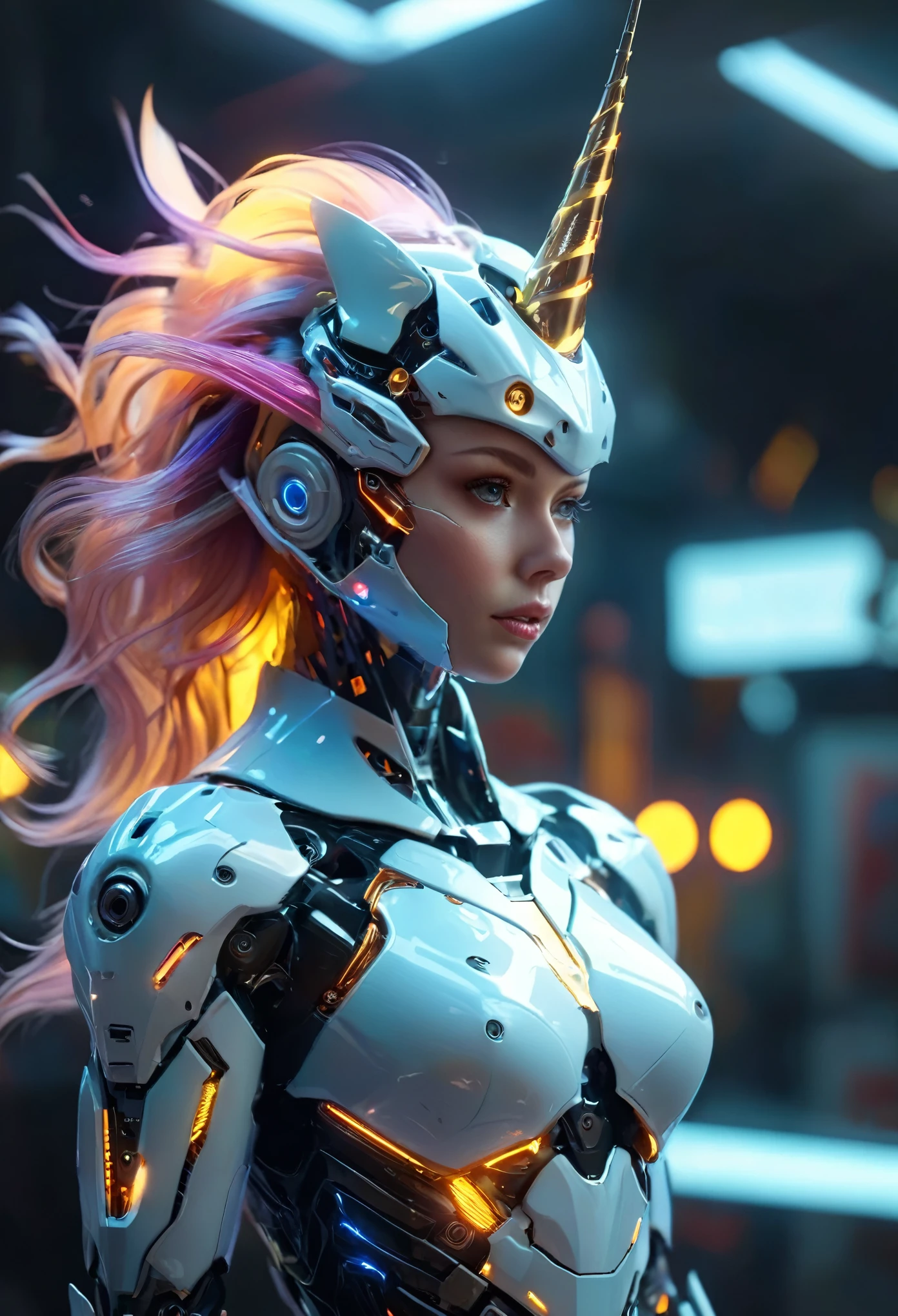 (best quality,4k,highres,masterpiece:1.2),ultra-detailed,(realistic,photorealistic:1.37), A breathtakingly beautiful female humanoid unicorn cyborg android, (a shimmering unicorn horn:1.8), porcelain skin, striking eyes, delicate features, futuristic sci-fi, intricate mechanical parts, glowing cybernetic implants, elegant and graceful pose, hyper-realistic, photorealistic, masterpiece, 8k, ultra-detailed, cinematic lighting, dramatic shadows, vivid colors, highly saturated, neon highlights, glowing energy fields, complex machinery, sleek and modern, cutting-edge technology, advanced AI, seamless integration of organic and mechanical elements