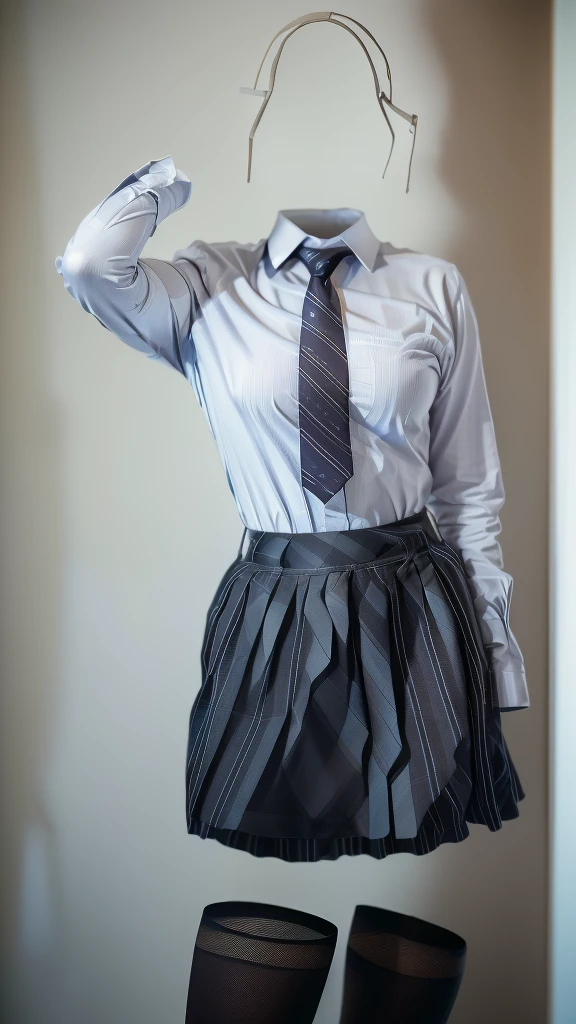 Striped tie, Checked skirt, (From below), Polo shirt, (can not see, No humans, Headless, Faceless:1.5), Cute big tits, (8k, RAW Photos, highest quality, masterpiece:1.2), (Realistic, photo-Realistic:1.37), Photon Mapping, Radio City, ((Hasselblad Photography)), Physically Based Rendering, whole body, You can even see the feet