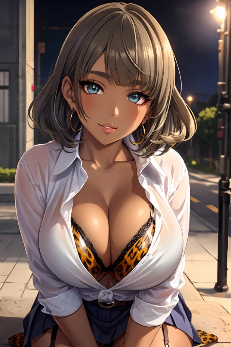 takagaki kaede,1girl, solo, short hair, heterochromia, blue eyes, green eyes, brown hair, detailed body , (detailed face:1.1), (perfect eyes), (big breasts:1.3), thick eyelashes, long eyelashes, (blunt bangs:1.2), perfect dynamic composition, (gyaru:1.2), cleavage, jewelry, earrings, open clothes, tied shirt, tented shirt, unbuttoned shirt, bra peek, lace-trimmed bra, (leopard print:1.2), belt, pleated skirt, lace-trimmed legwear, garter straps, see-through, (dark skin:1.2), hoop earrings, gal, evil smile, seductive smile, blush, seductive pose, (seductive smile:1.4), thick lips, (huge lips:1.2), (massive lips: 1.2), (parted lips:1.2), (thick lips:1.4), street, night sky
8k, 4k, Masterpiece, Best Quality, fantasy, extremely detailed, intricate, hyper detailed, detailed eyes, (perfect face), illustration, soft lighting, (specular lighting:1.2), (shiny skin, gleaming skin), looking at viewer,