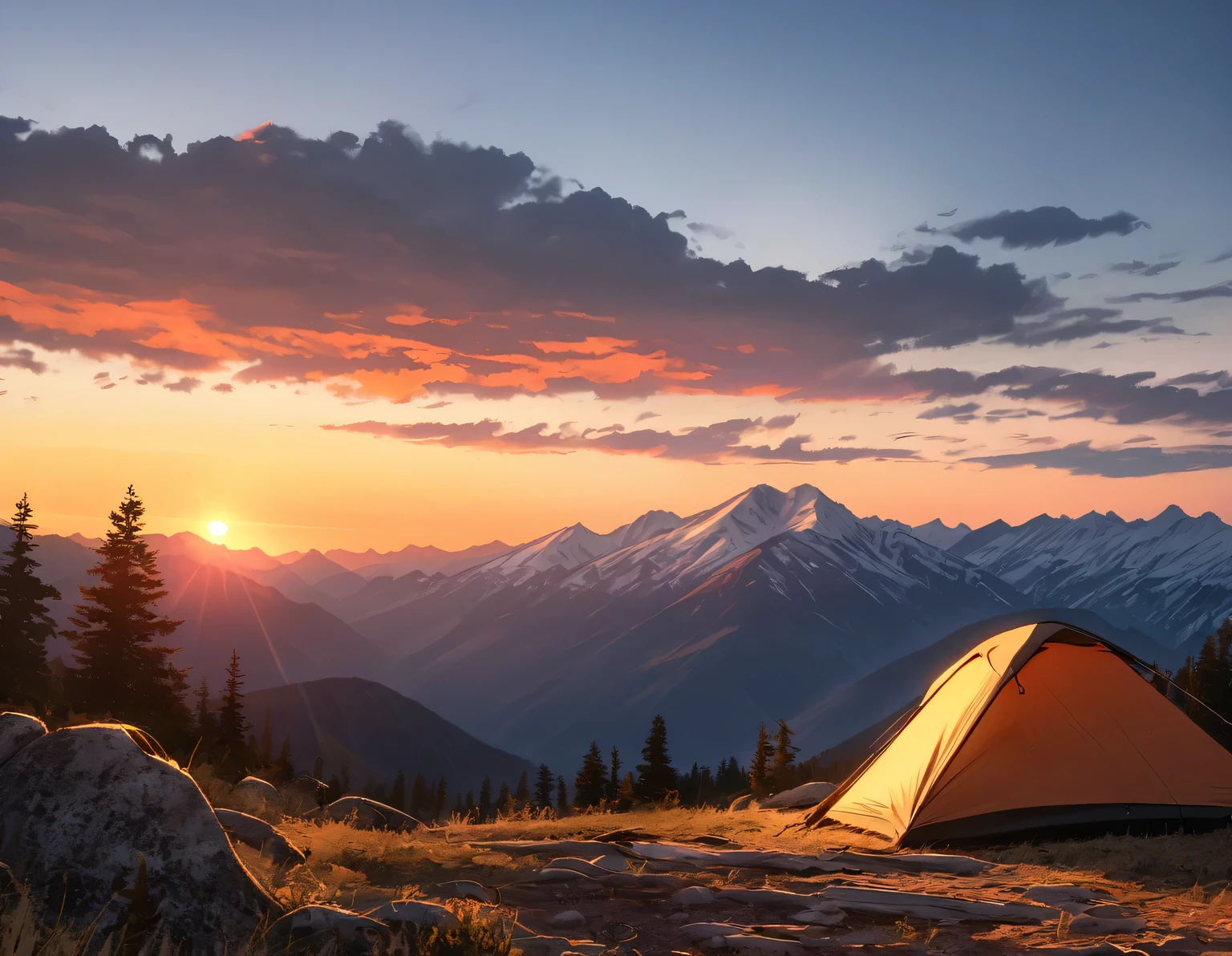 Outdoor Camping, John Marston bushcrafting deep in the mountains, spectacular views, sunset