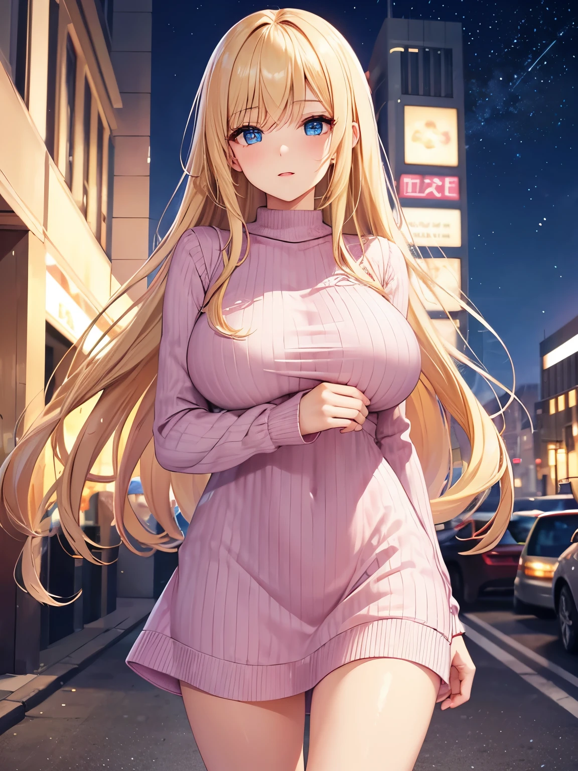 1woman,super beautiful,Standing,at night,half body photo,Beautiful eyes, very detailed face,cute,,HD face, perfect face, Short dress, pink dress,Long sleeve dress, knitted dress,,Blonde hair,bangs,blue eyes,long hair, straight hair,very big breast,ultra detail,ultra Hd, masterpiece,4k