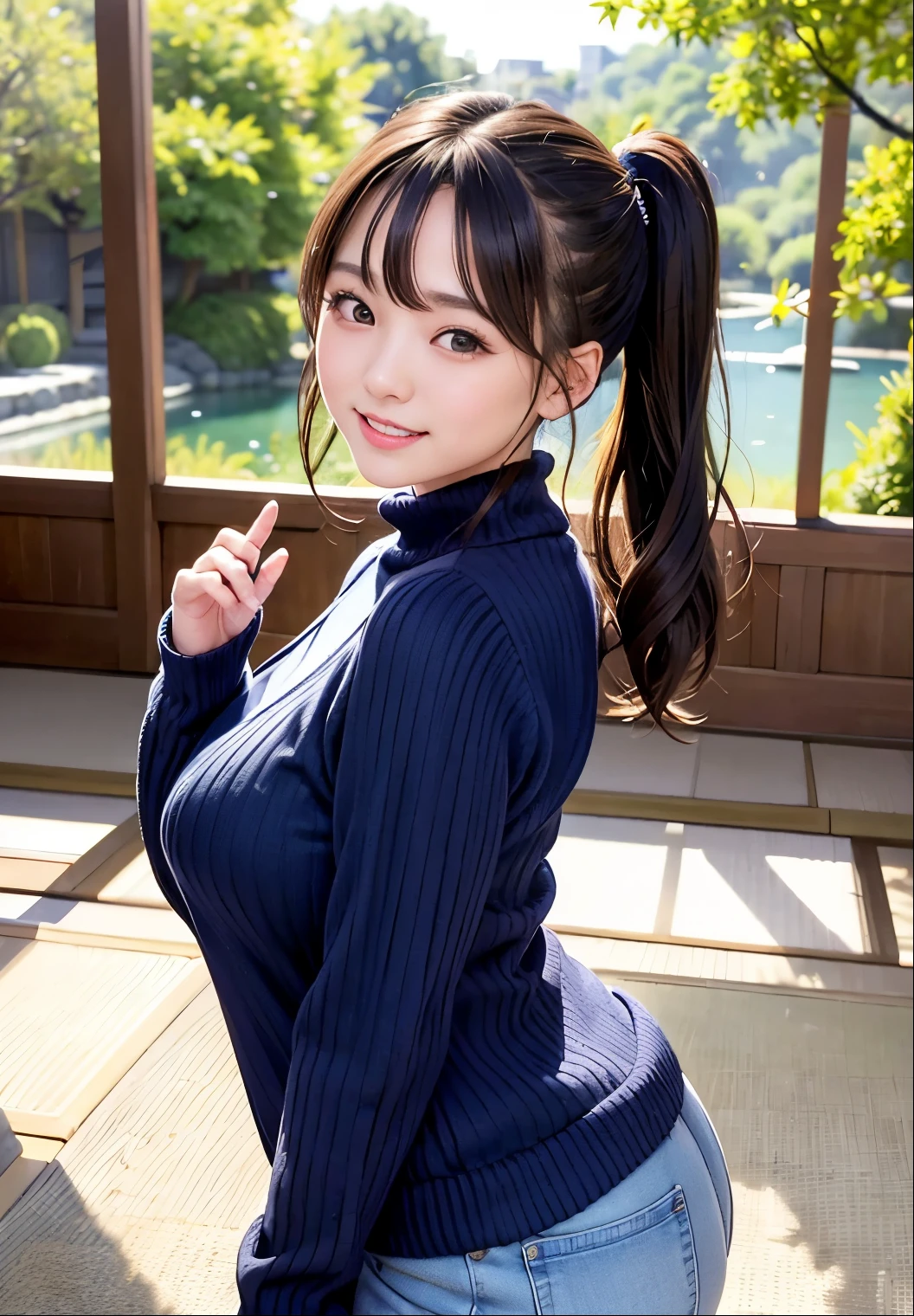 (highest quality,masterpiece:1.3,Ultra-high resolution),(Very detailed、Caustics) (Realistic:1.4, RAW shooting、)Ultra-Realistic Capture、Very detailed、Natural skin texture、masterpiece、(Japanese woman in a navy blue knit sweater:1.3)、Adorable expression、Expressions of happiness、、Height: 160cm、Young Face、Amazingly cute、Twin tail hairstyle、Straight hair、Scrunchie、Black Hair、light makeup、H cup big breasts、Shining thighs、Shining ass、Background in detail、smile、An inviting gaze、Anatomically correct、Cowboy Shot、Attention to detail、