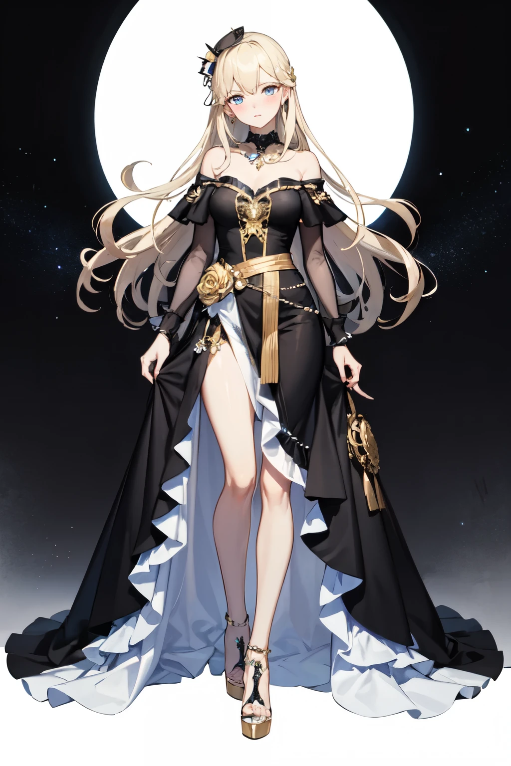 Best quality,Light blond long hair,Waist-length hair,Sapphire eyes,Black Lolita dress,Gold embellishment,Gorgeous long dress,diamond,pearl,English University,Afternoon,Good figure,A little blush,diamond crown,Low exposure,dignified,Dress,Off-shoulder,Victoria,