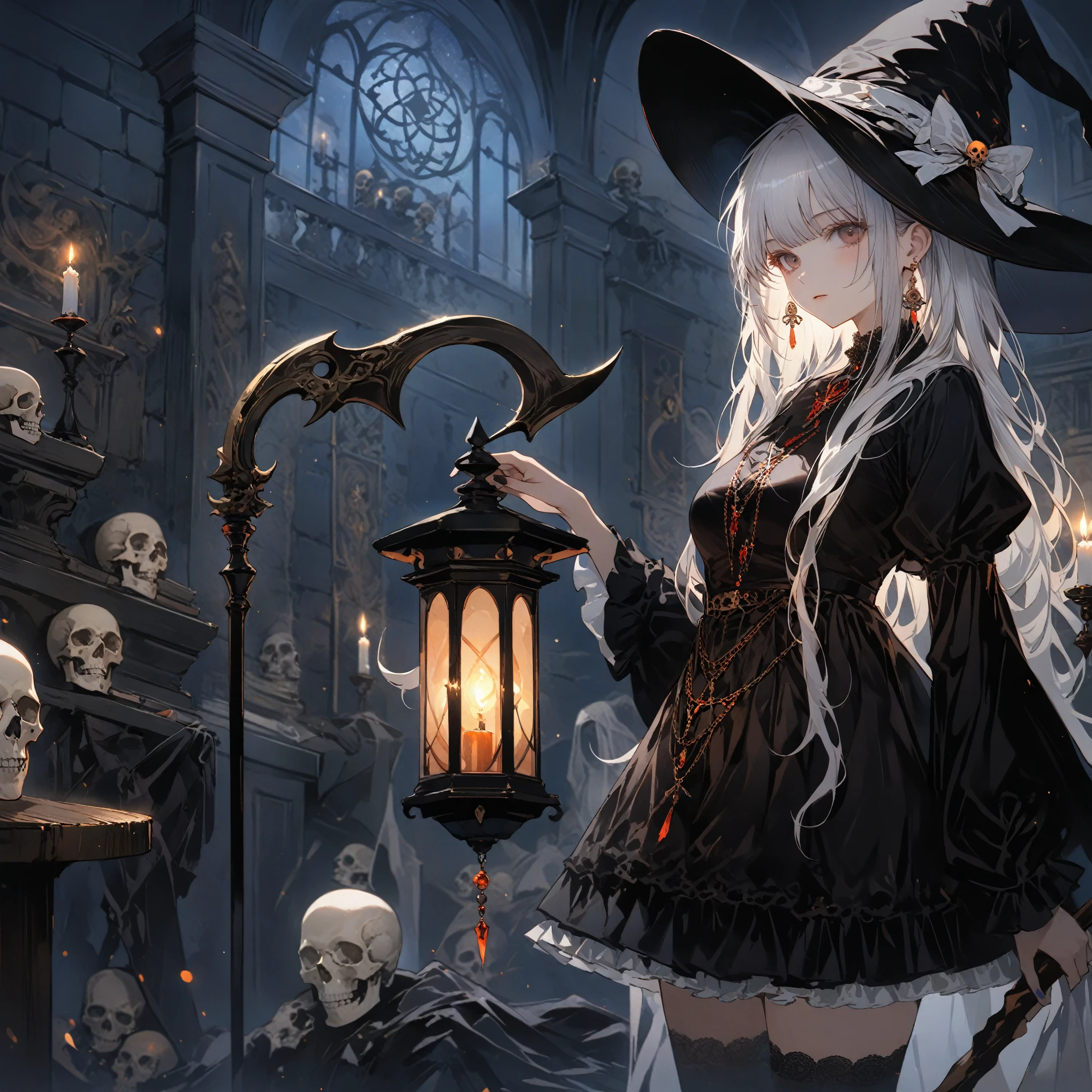 score_9, score_8_up, score_7_up, source_anime, masterpiece, best quality, high resolution, extremely detailed CG, absurdres, at a dark night, midnight, indoors, in a dark and mysterious mansion, 1girl, solo, ((expressionless)), A Magus girl with white hair holding a lantern and carry a magical scythe, witch hat, frill short skirt, red and black outfit, scythe, skull on table, walls decorate with bone, black_theme, candela, ((mysterious)), ((Occultism)), (black_magic),more detail XL
