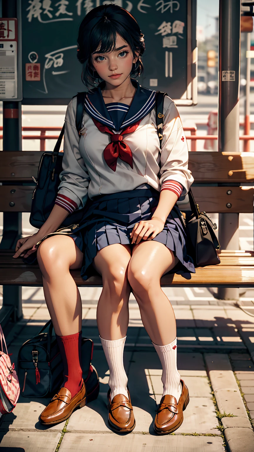 Japanese 、2 people、Sailor suit、Navy blue mini pleated skirt、loafers、School bag、Sitting on a chair in the bus stop waiting room, waiting for the bus、one summer day