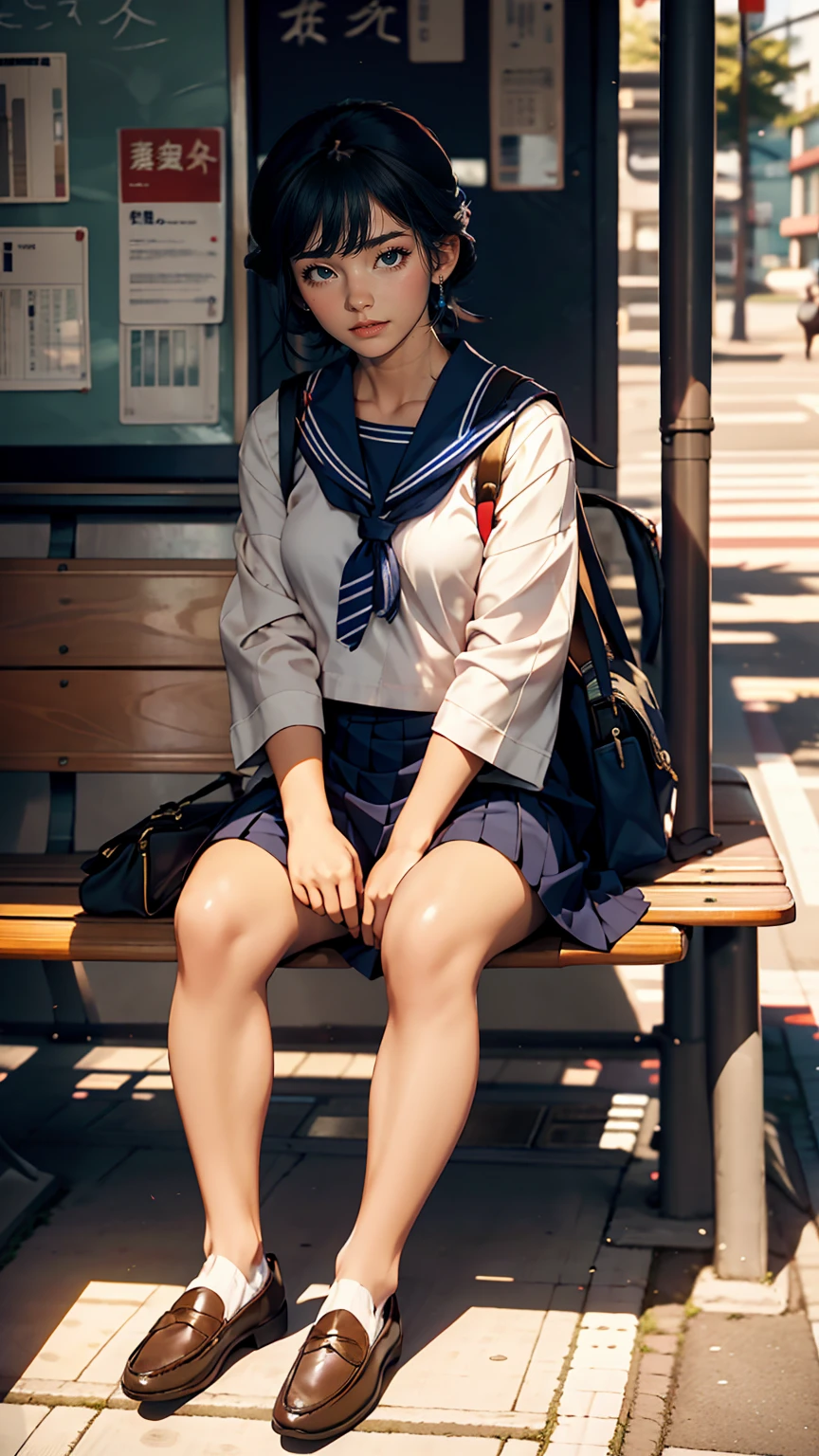 Japanese 、2 people、Sailor suit、Navy blue mini pleated skirt、loafers、School bag、Sitting on a chair in the bus stop waiting room, waiting for the bus、one summer day